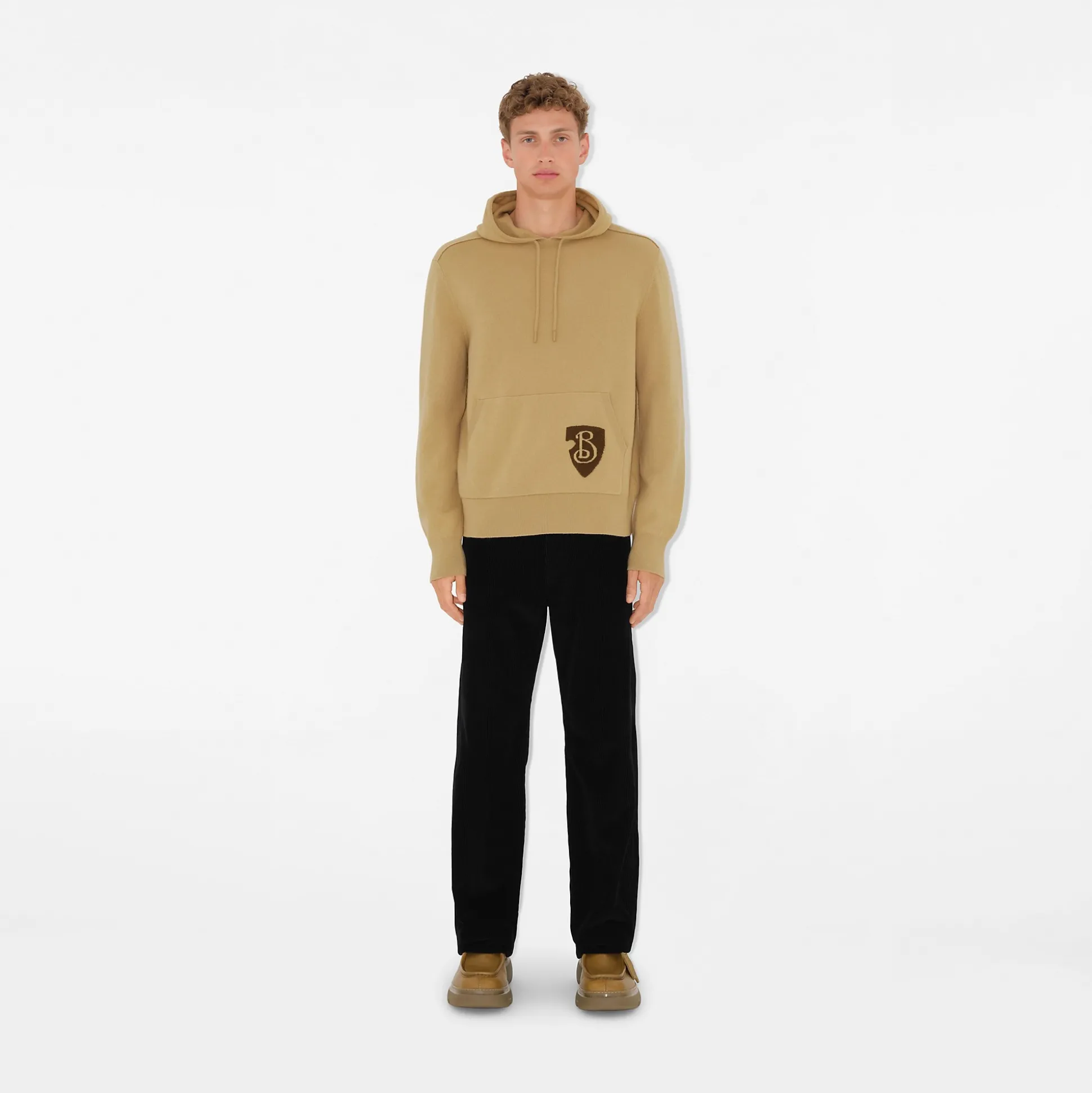 Hot Burberry B Shield Wool Blend Hoodie Sand