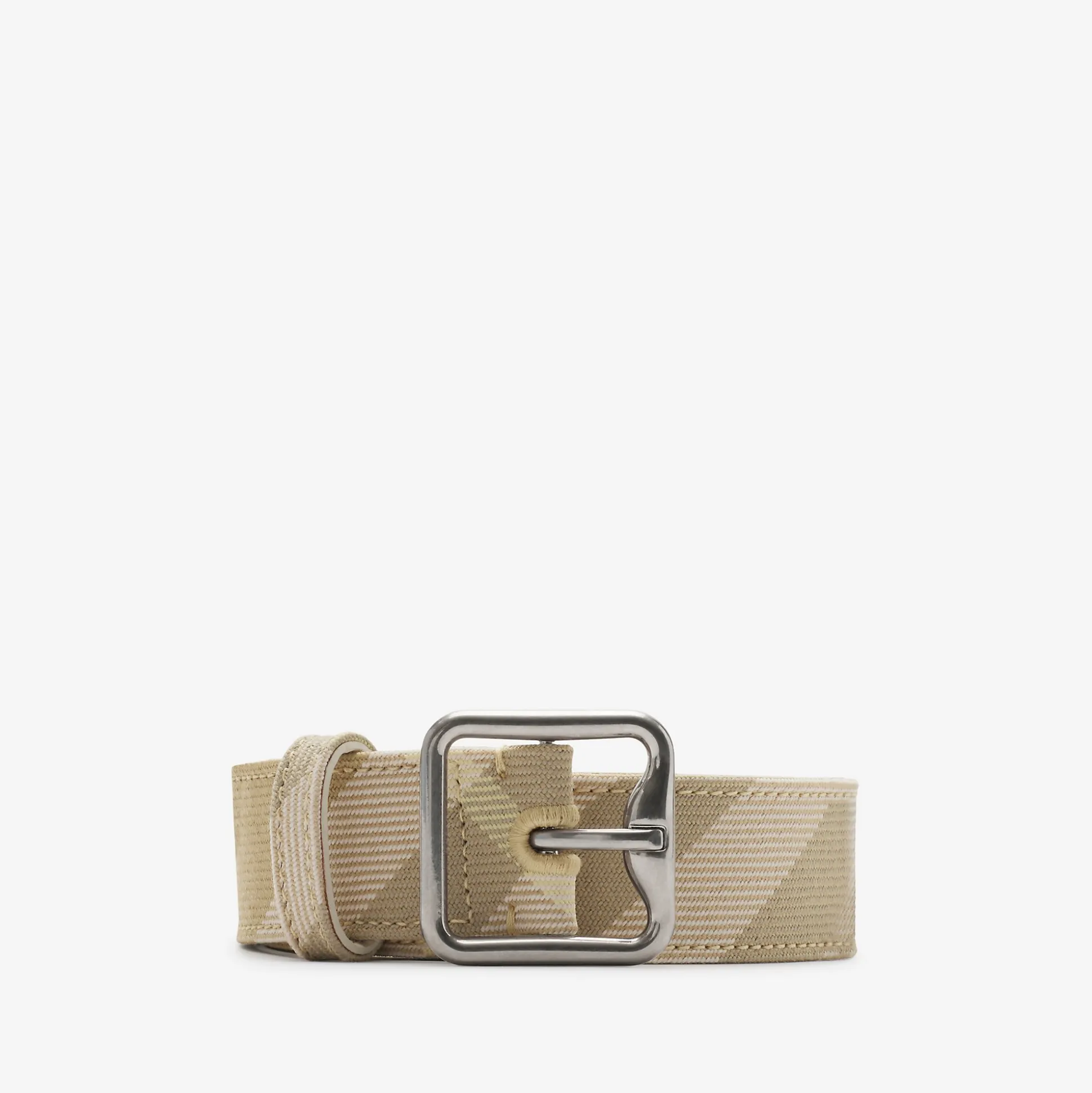 New Burberry Check B Buckle Belt Flax