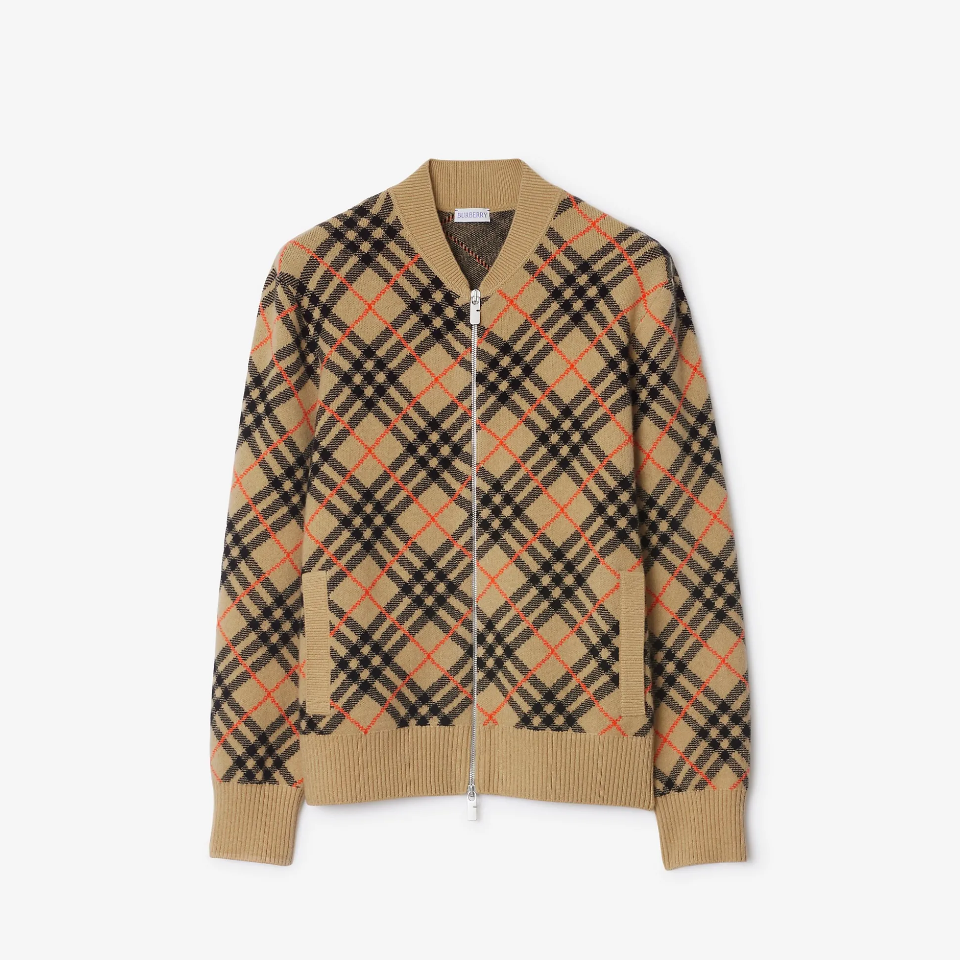 Sale Burberry Check Cashmere Bomber Jacket Sand