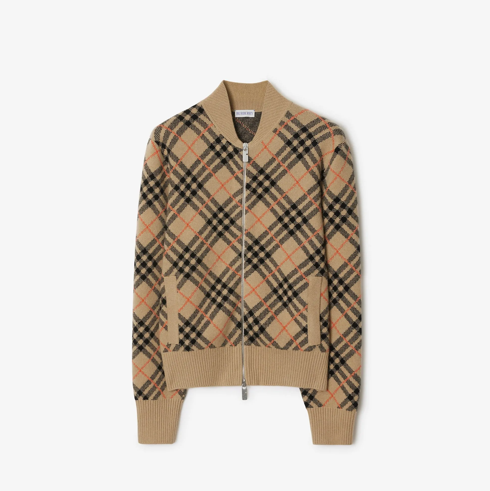 Shop Burberry Check Cashmere Bomber Jacket Sand