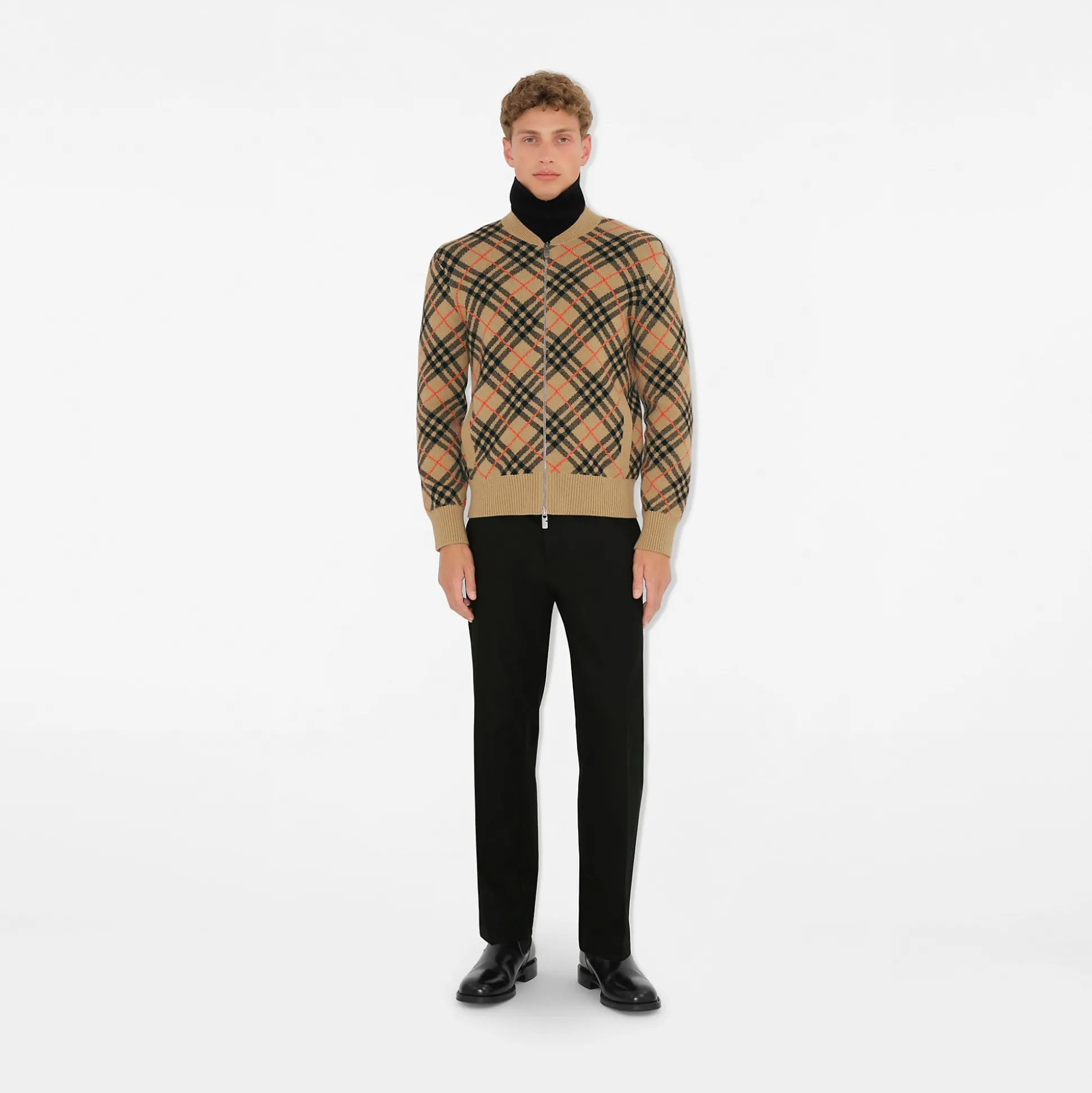 Sale Burberry Check Cashmere Bomber Jacket Sand