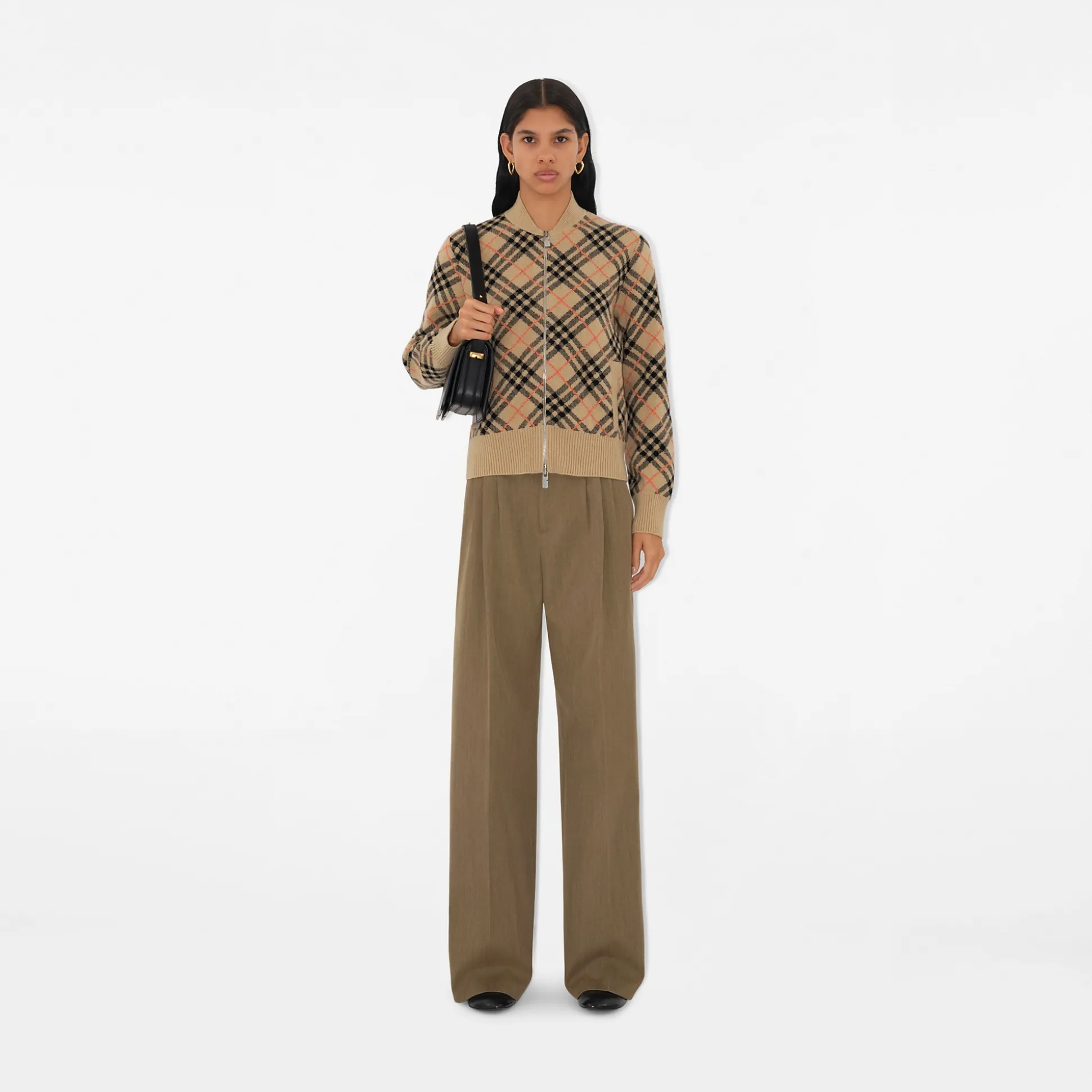 Shop Burberry Check Cashmere Bomber Jacket Sand