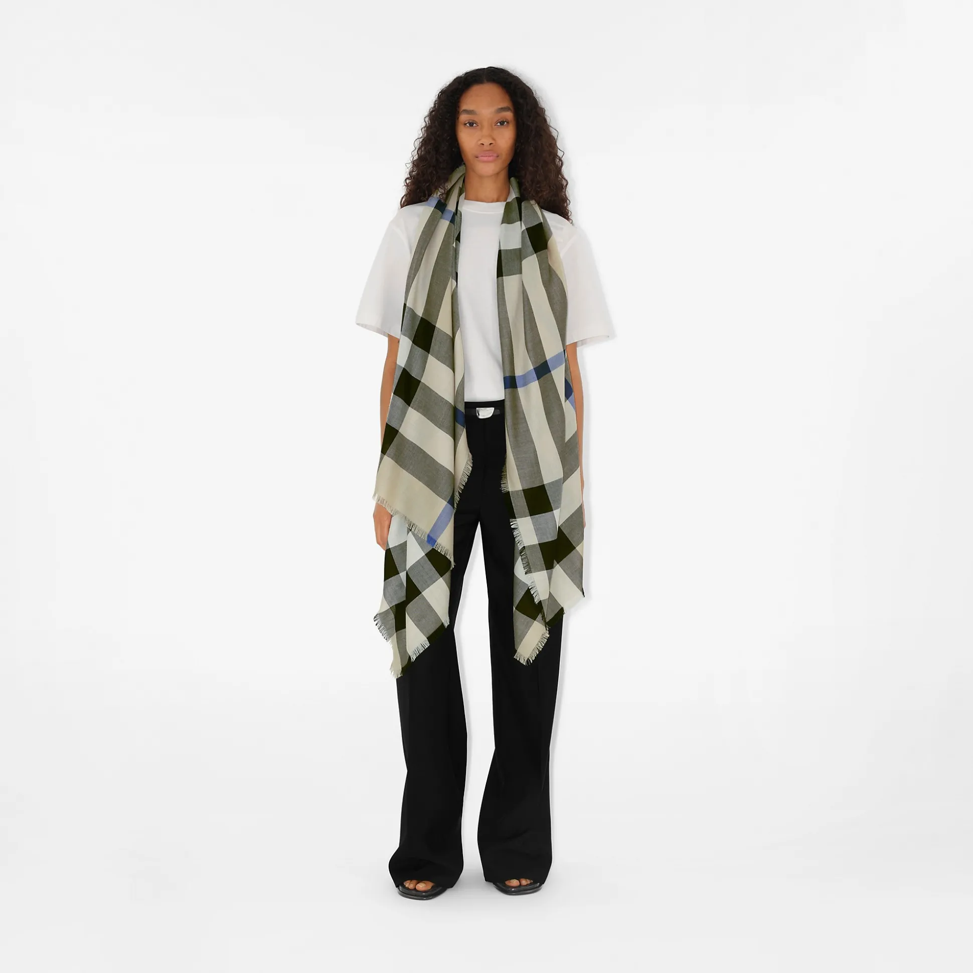 Sale Burberry Check Cashmere Silk Scarf Lichen