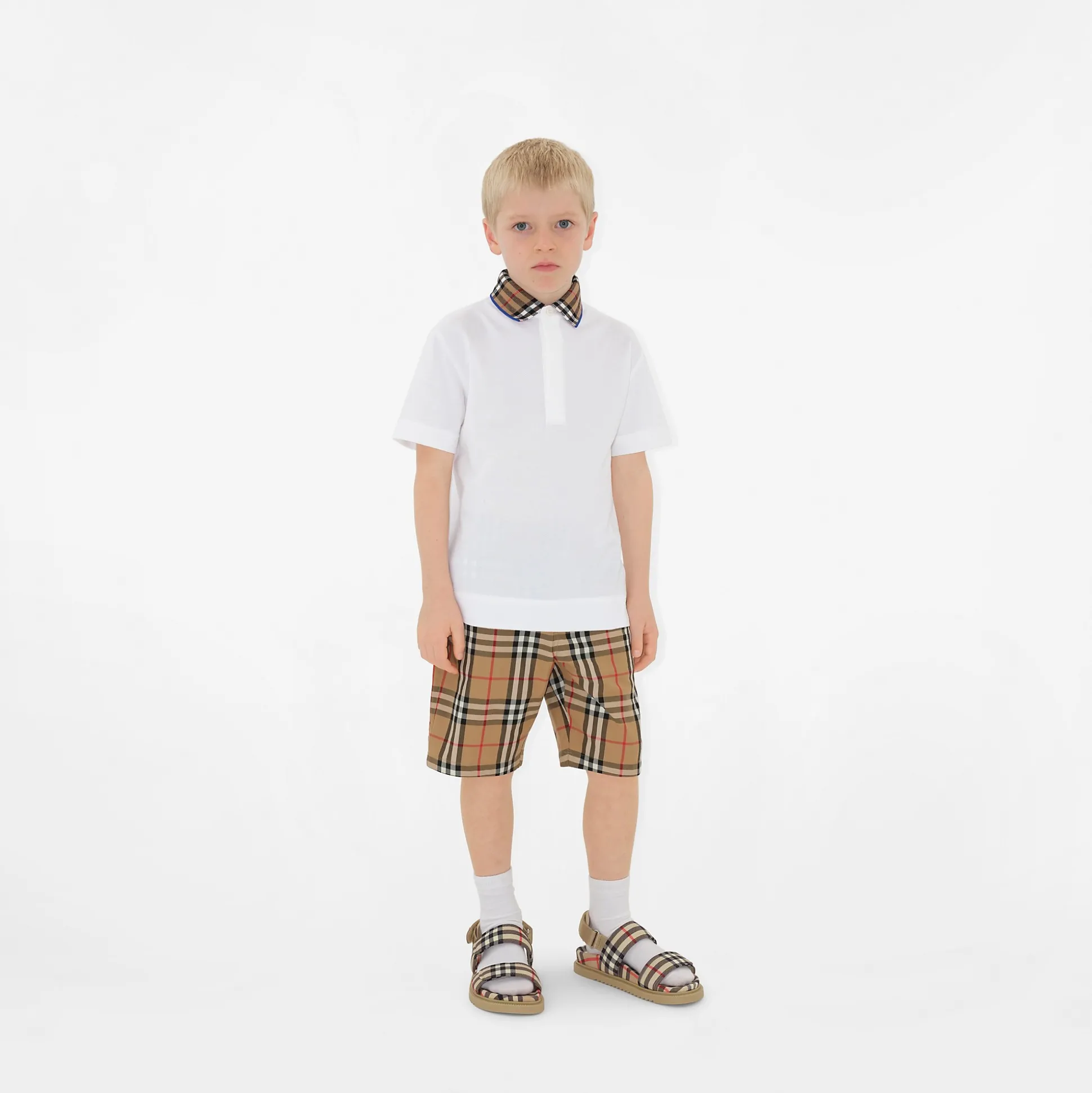 Clearance Burberry Check Collar Cotton Polo Shirt White