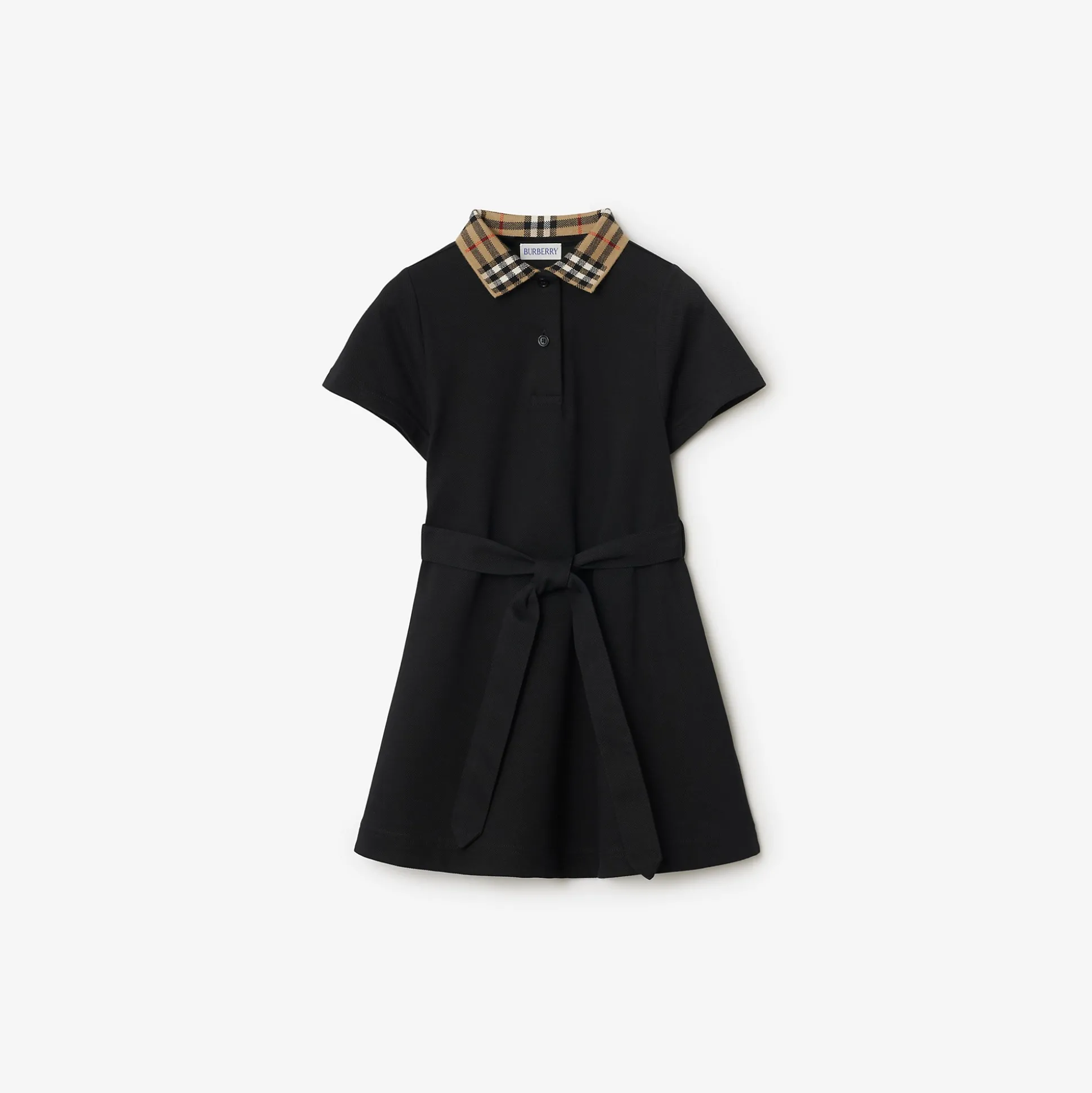 Fashion Burberry Check Collar Cotton Polo Shirt Dress Black