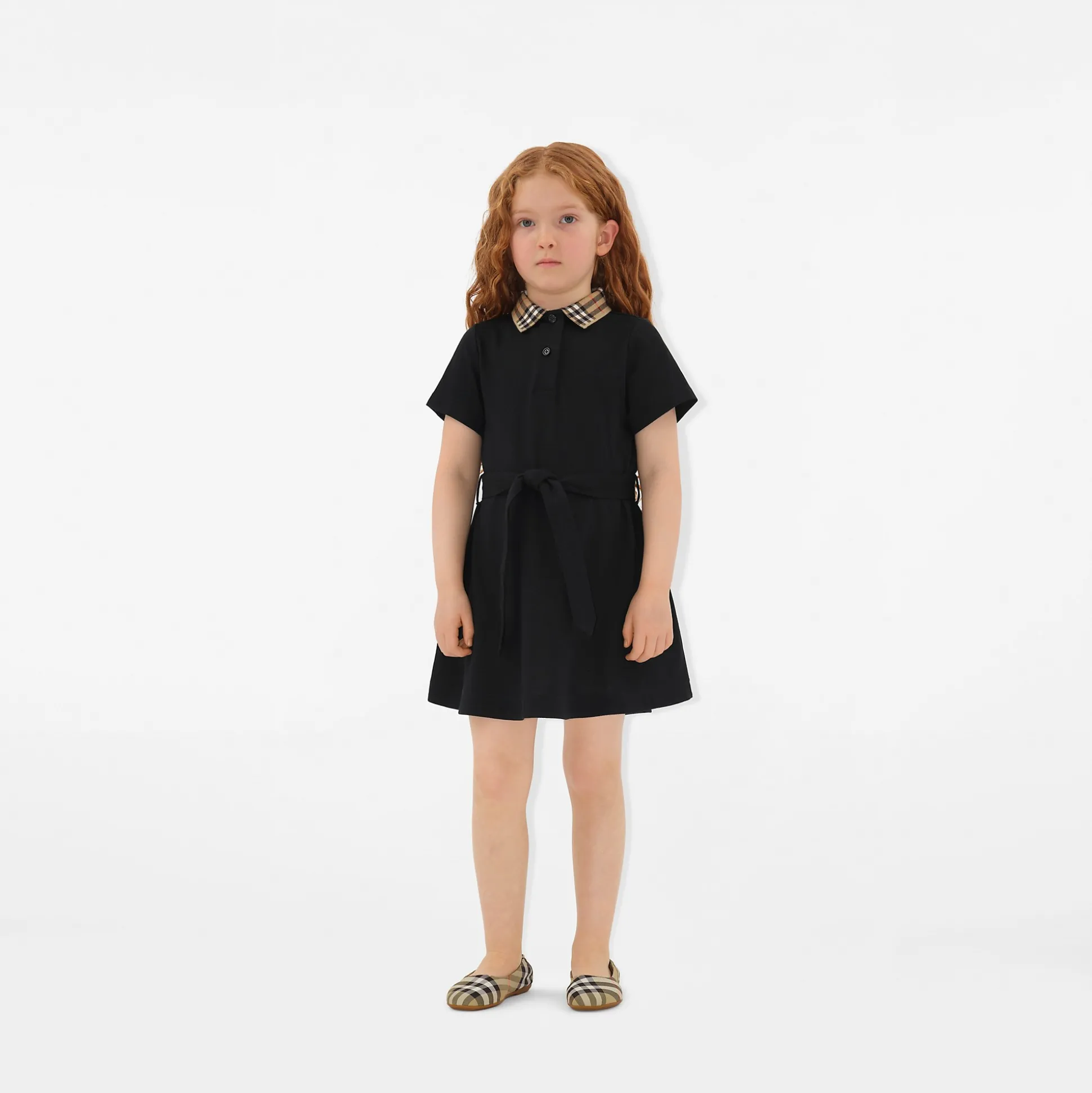 Fashion Burberry Check Collar Cotton Polo Shirt Dress Black