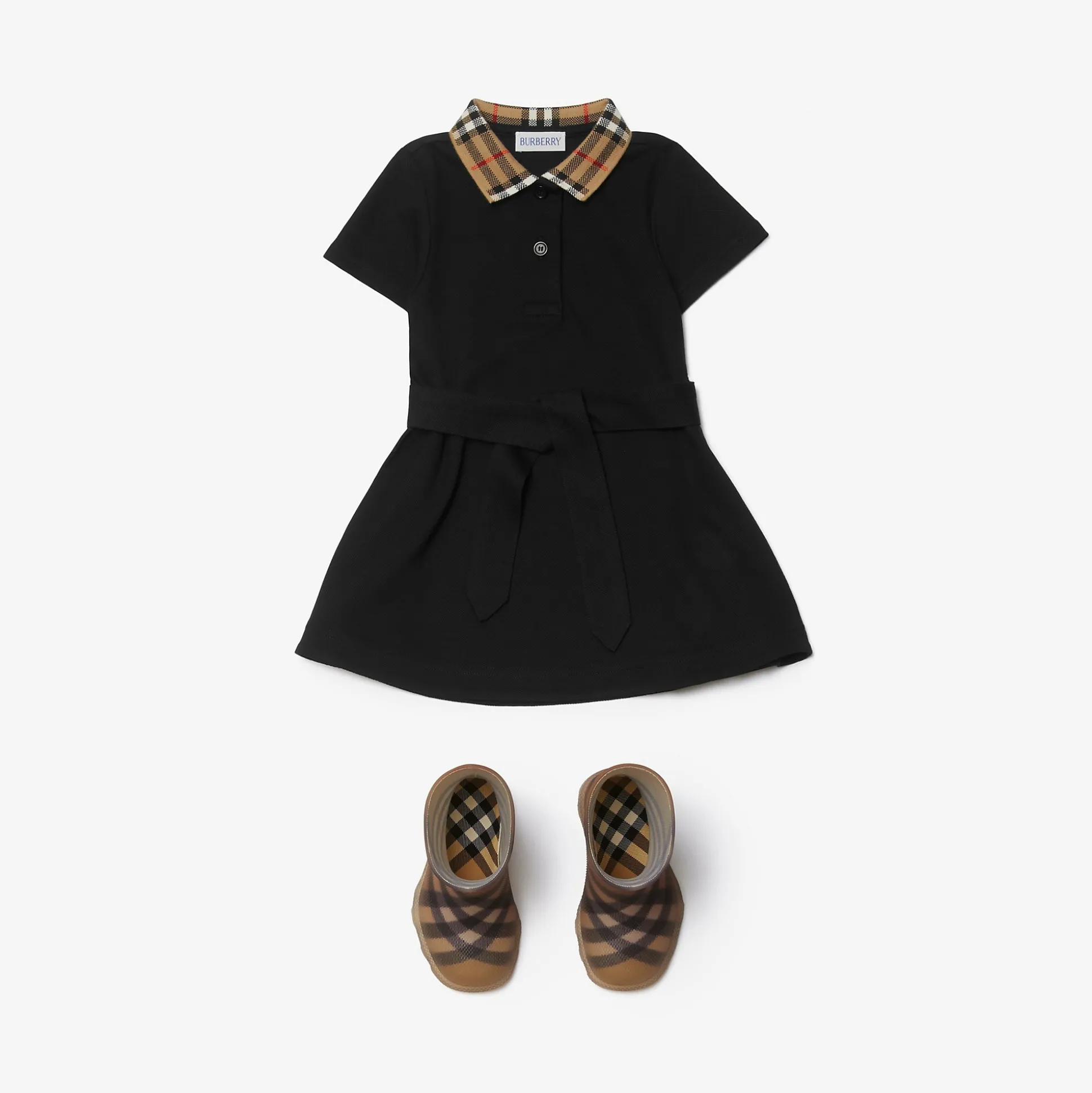 Fashion Burberry Check Collar Cotton Polo Shirt Dress Black