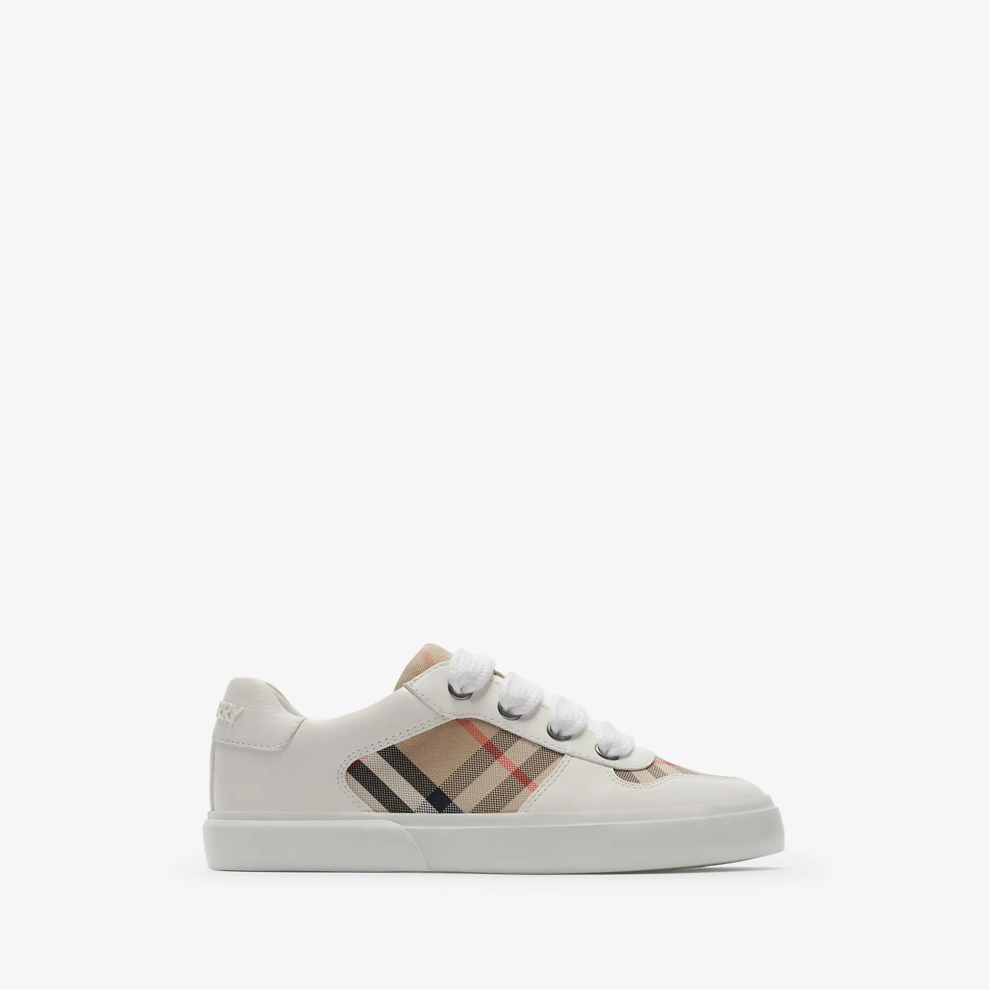 Discount Burberry Check Cotton and Leather Sneakers Sand