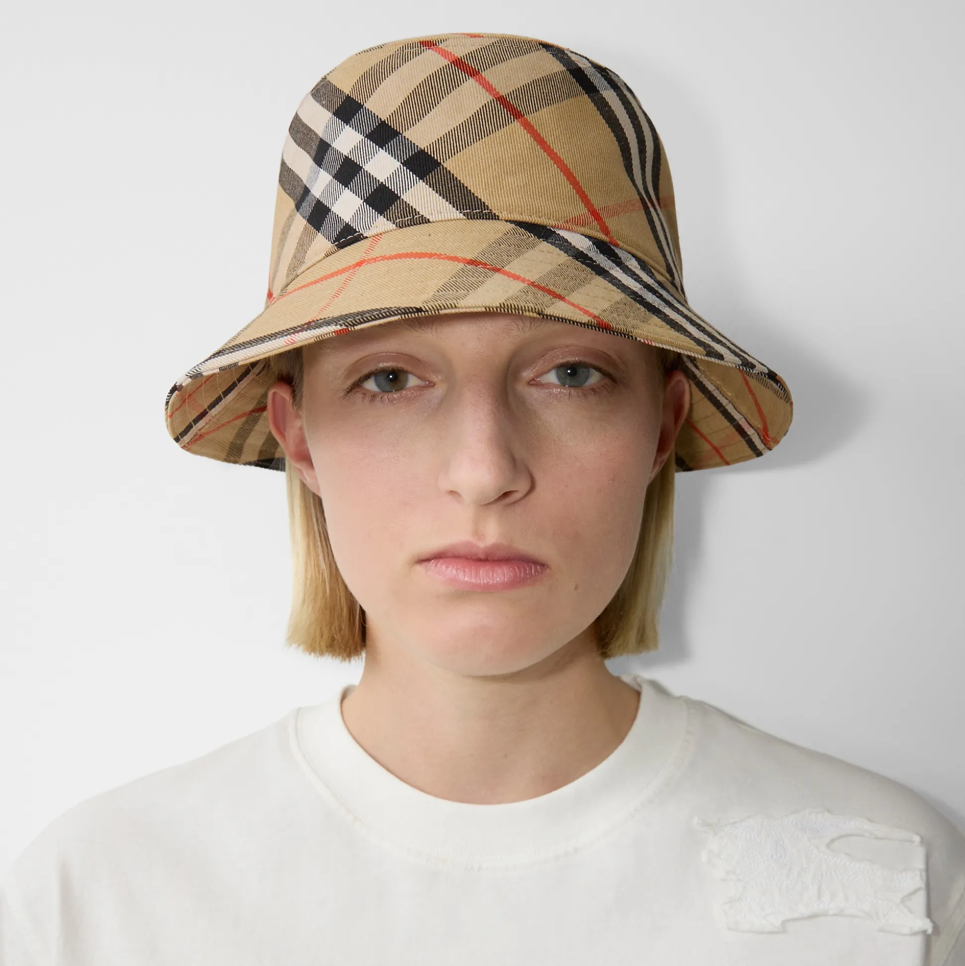 Clearance Burberry Check EKD Cotton Blend Bucket Hat Sand