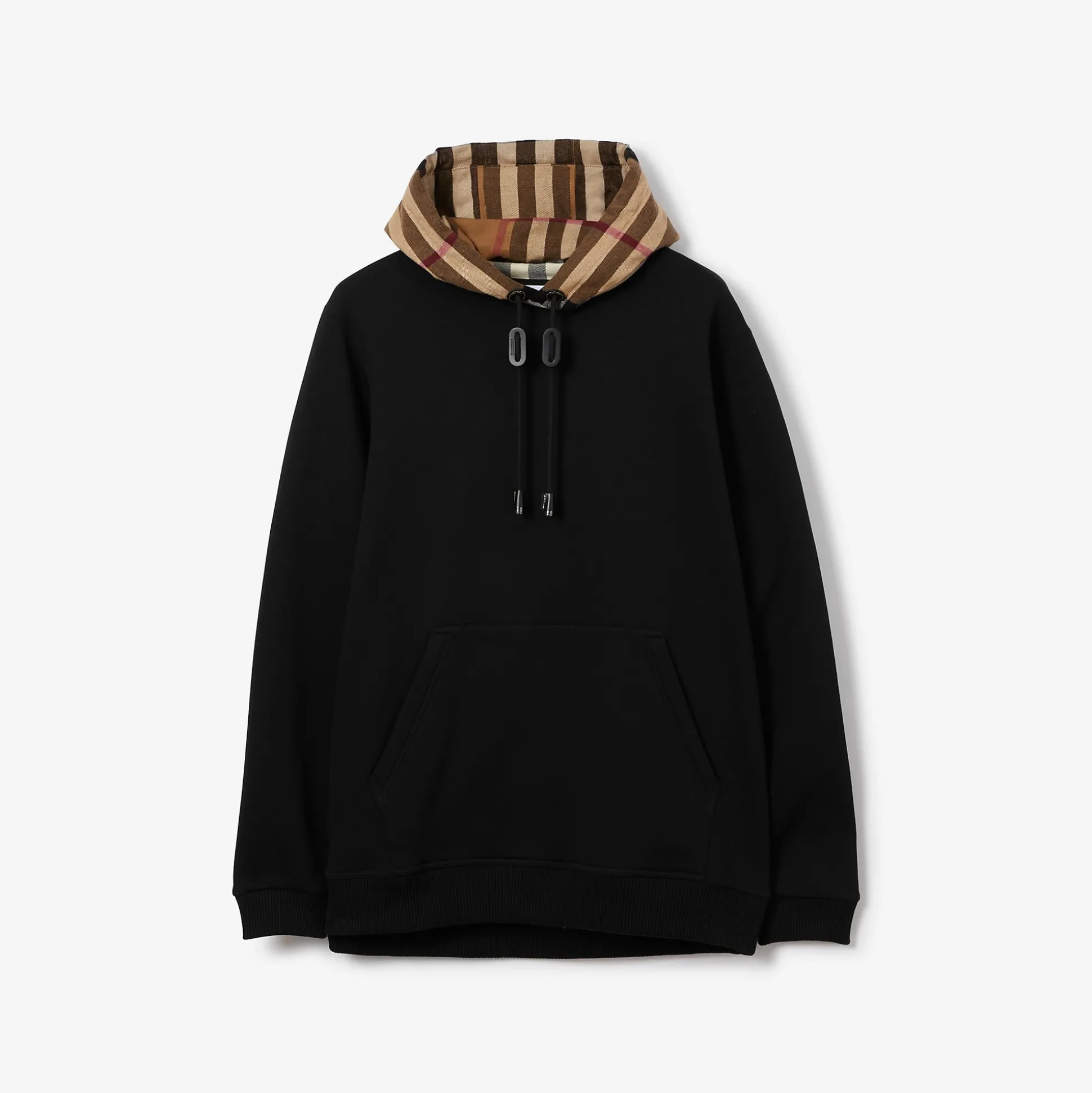 Sale Burberry Check Hood Cotton Blend Hoodie Black/birchbrown