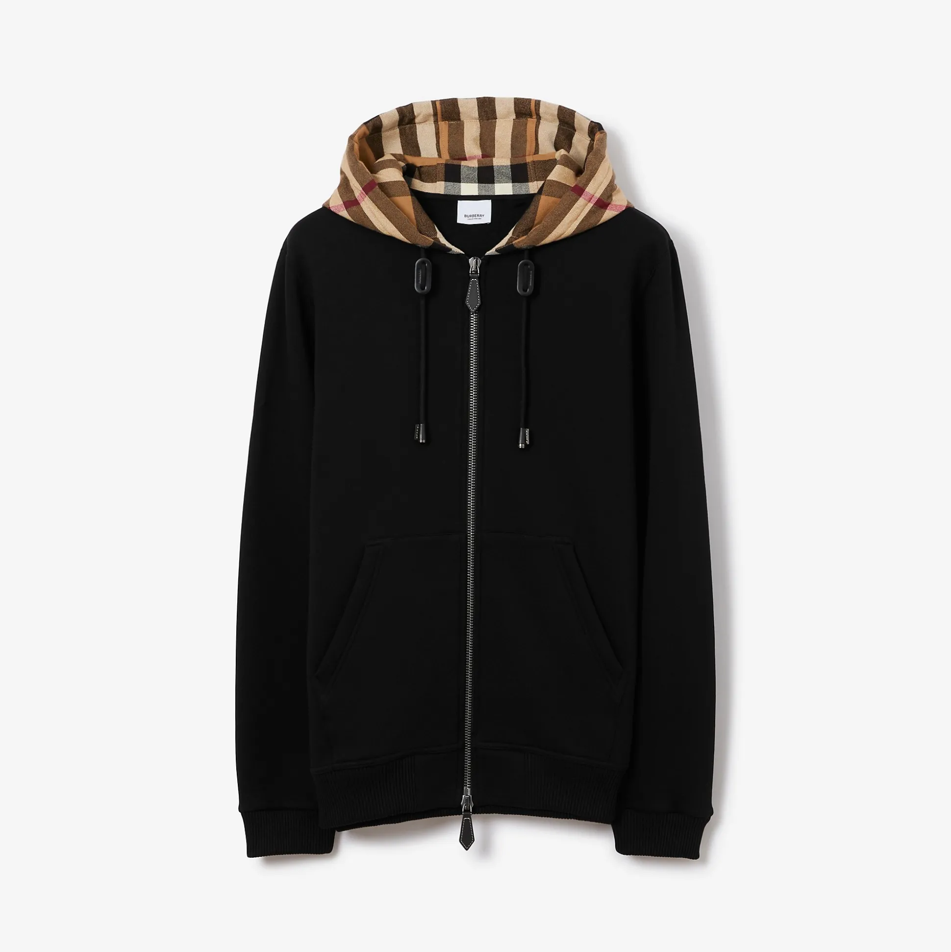 Best Burberry Check Hood Cotton Blend Zip Hoodie Black/birchbrown