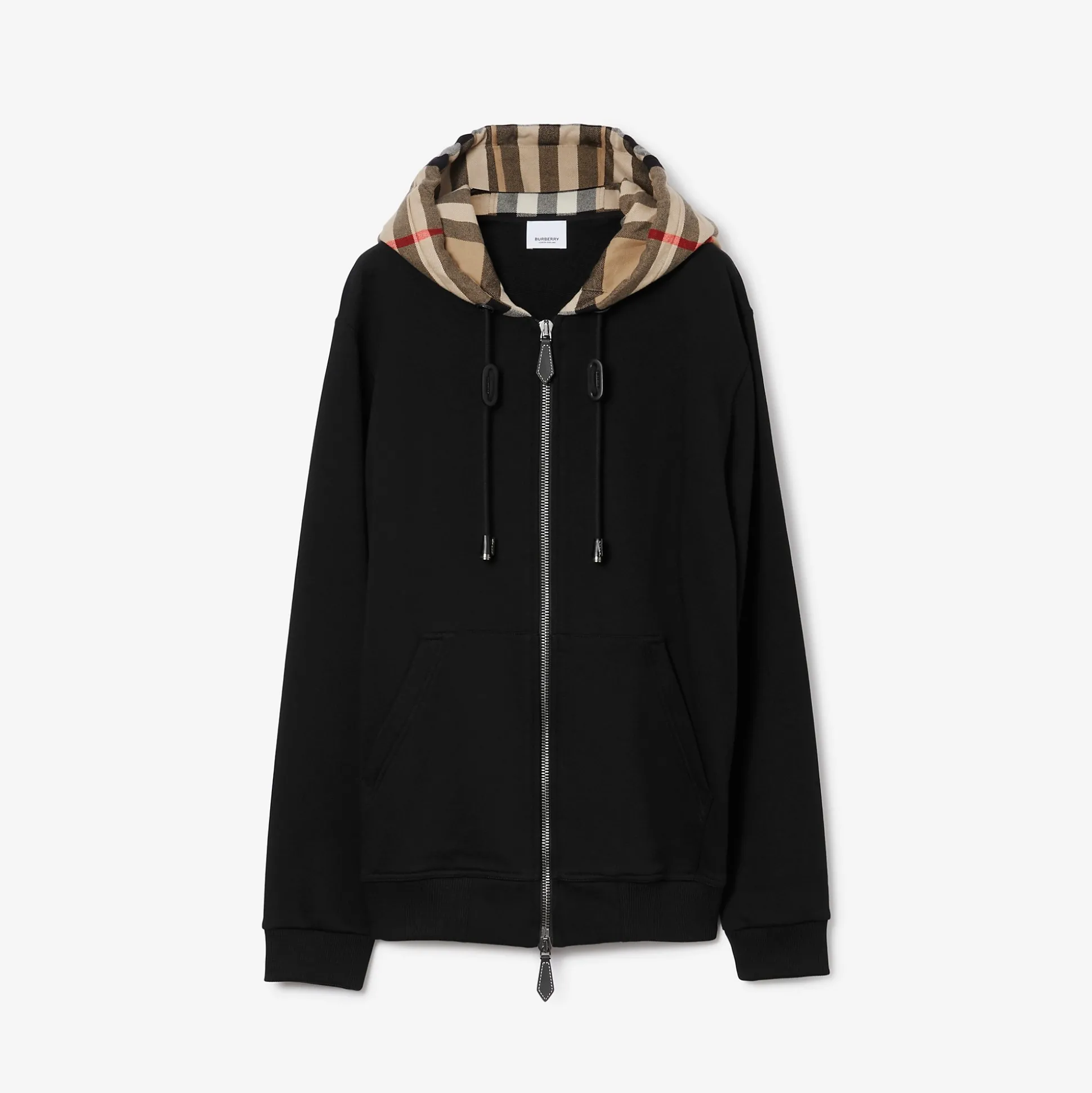 Best Burberry Check Hood Cotton Zip Hoodie Black/archivebeige