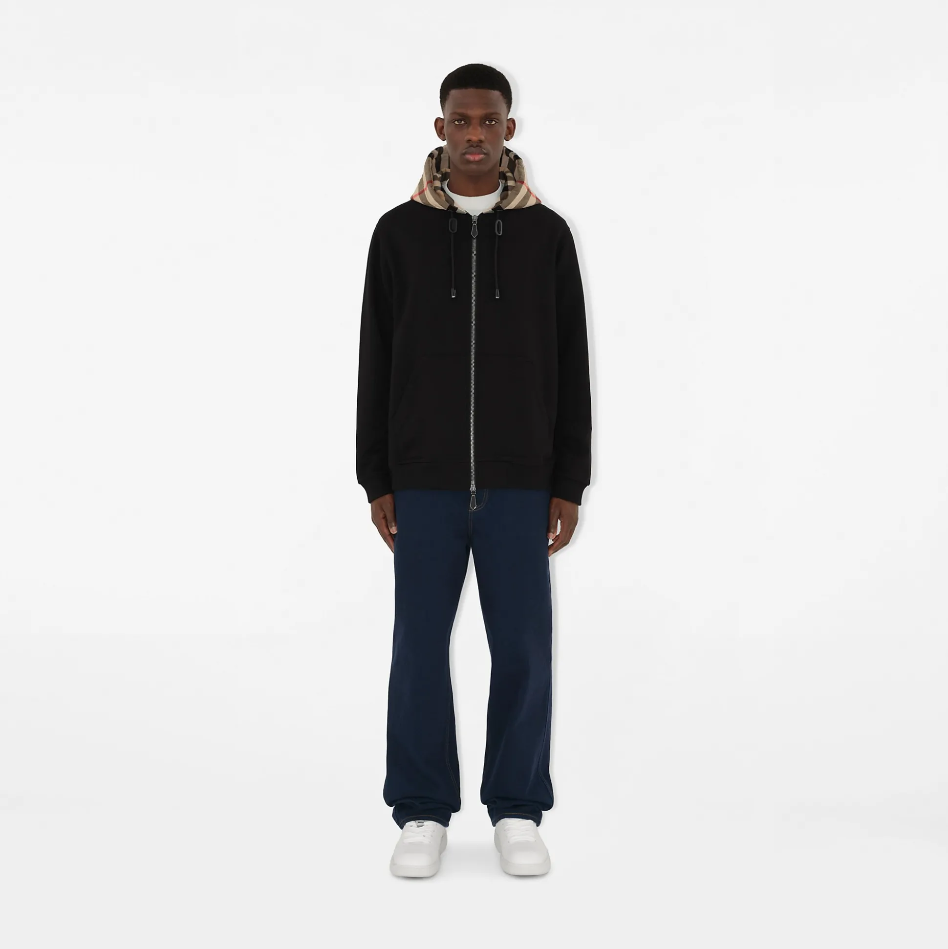 Best Burberry Check Hood Cotton Zip Hoodie Black/archivebeige