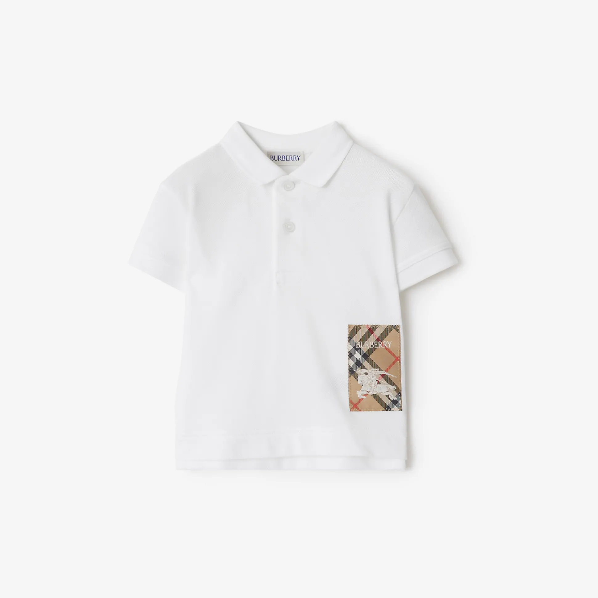 New Burberry Check Label Cotton Polo Shirt White