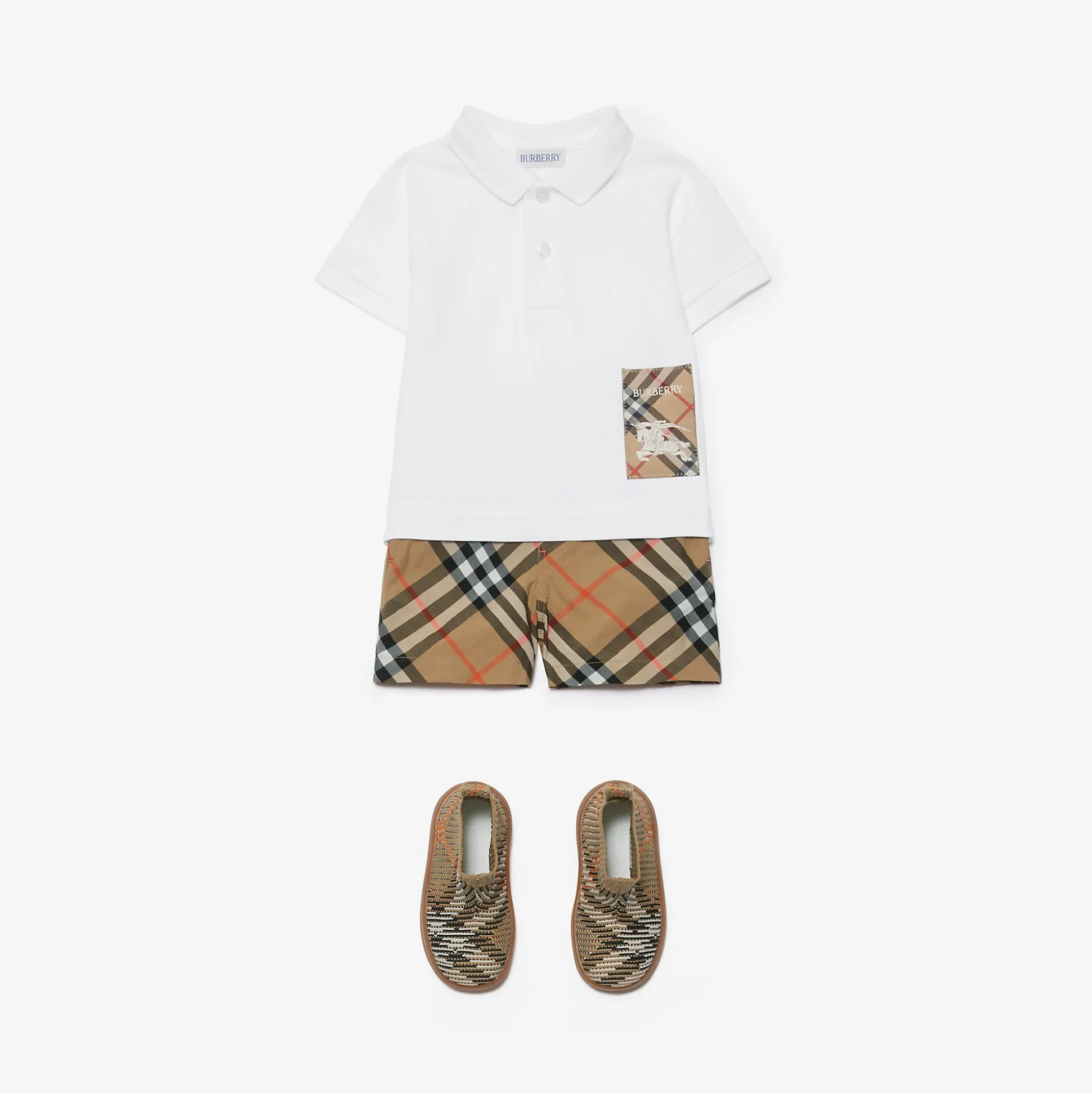 New Burberry Check Label Cotton Polo Shirt White