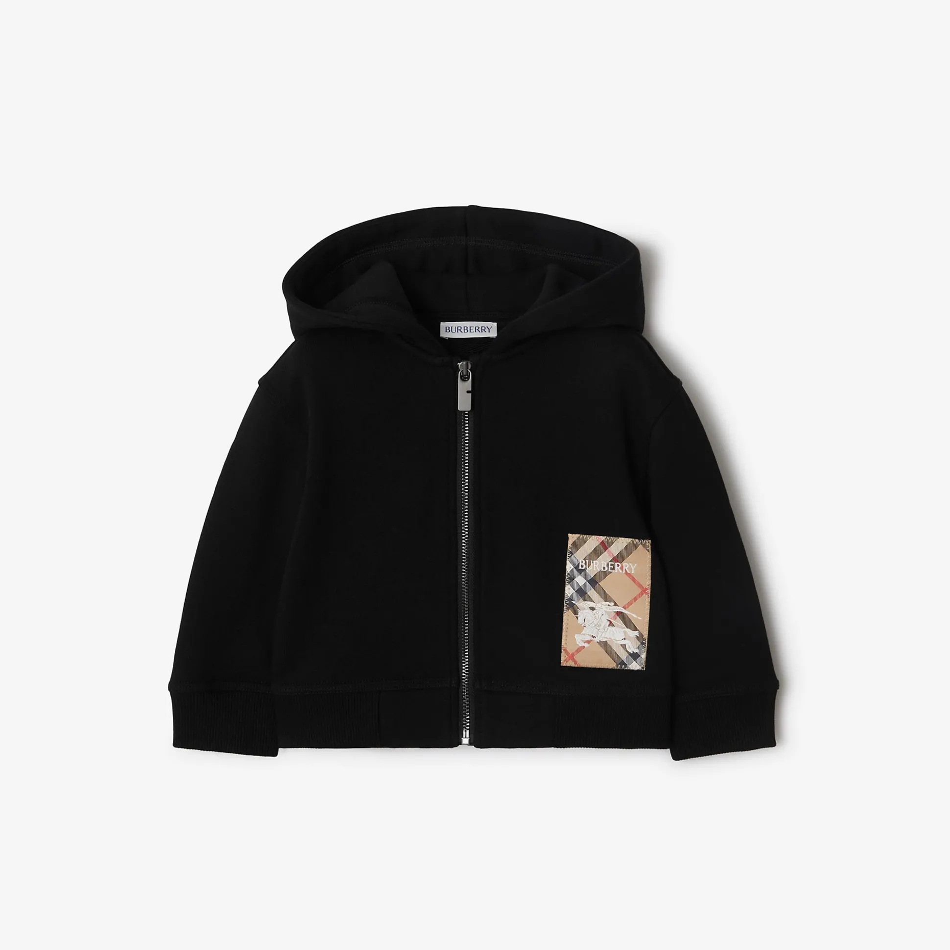 New Burberry Check Label Cotton Zip Hoodie Black