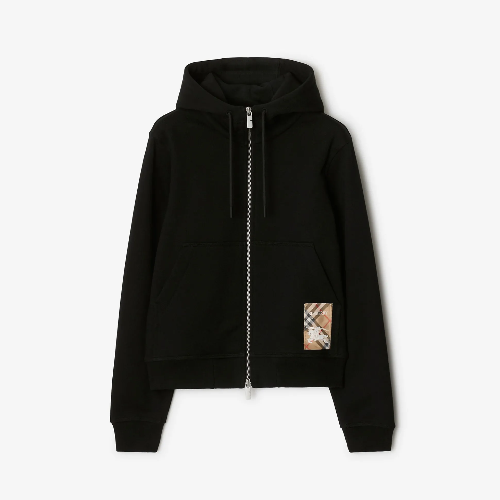 Hot Burberry Check Label Cotton Zip Hoodie Black