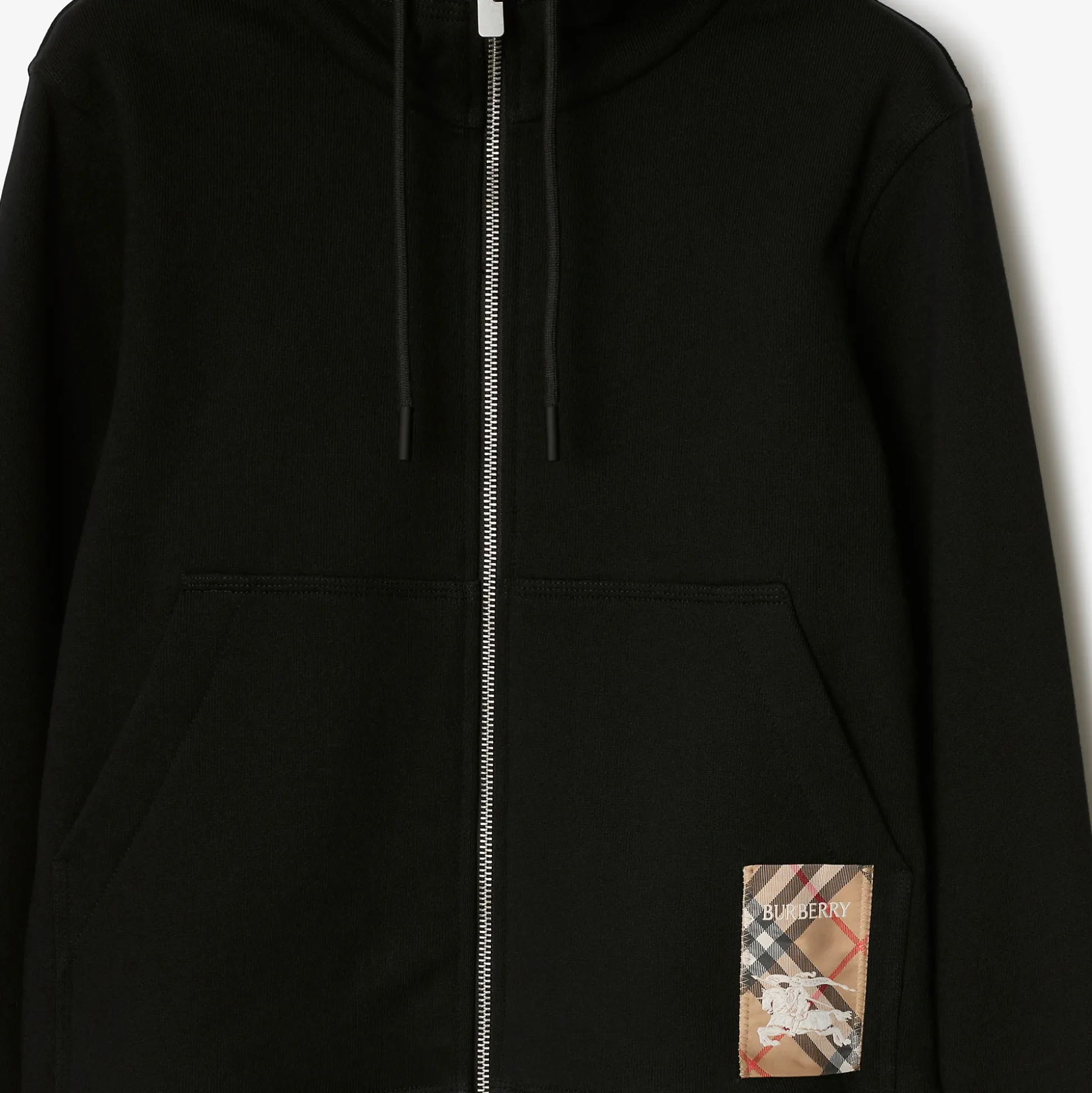 Hot Burberry Check Label Cotton Zip Hoodie Black