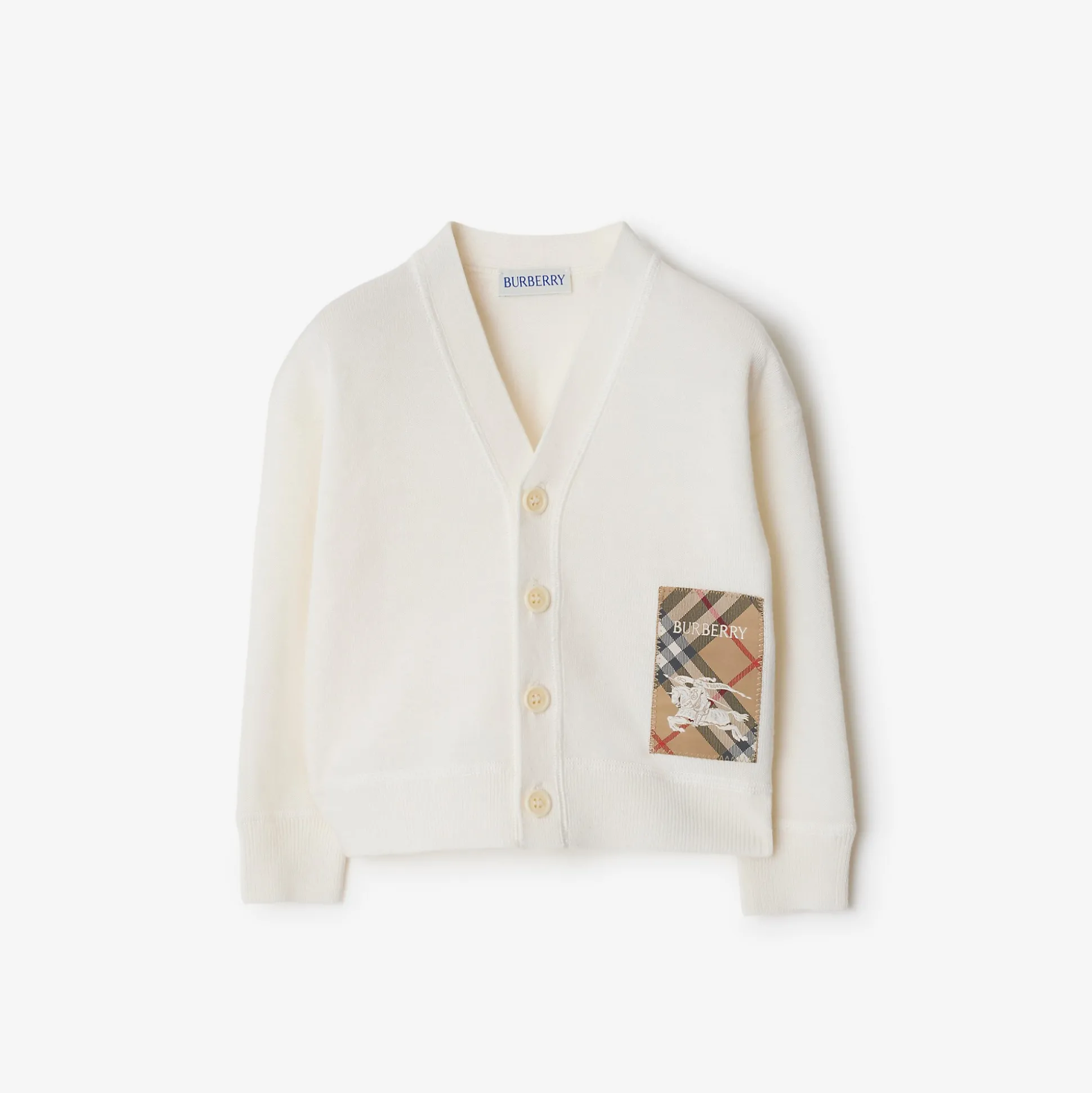 Fashion Burberry Check Label Wool Cardigan Ivory