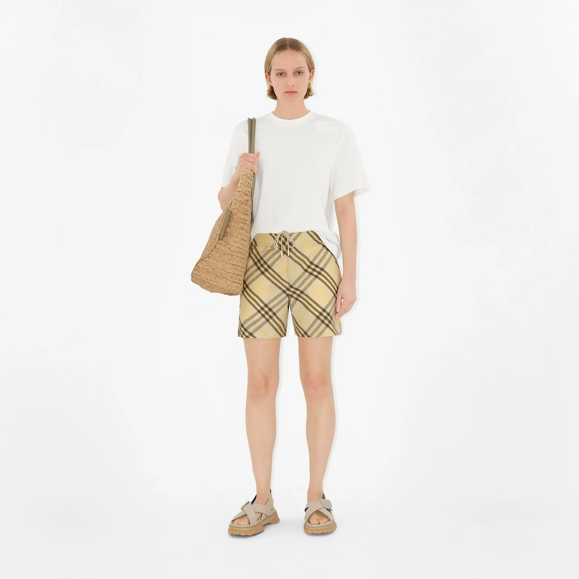 Shop Burberry Check Linen Shorts Wheat