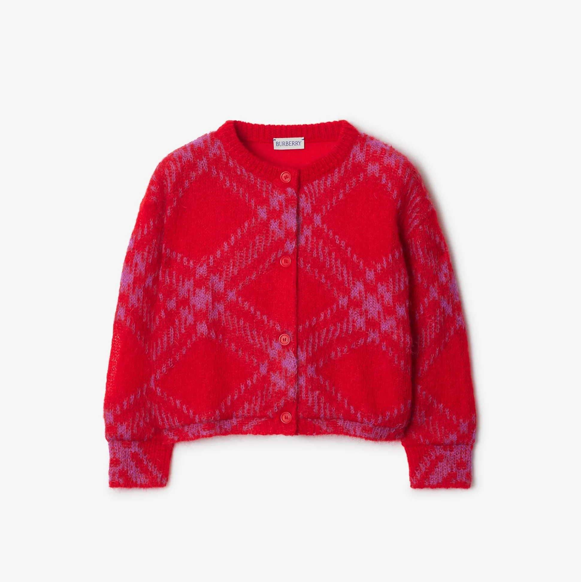 Best Sale Burberry Check Mohair Wool Blend Cardigan Warmcoralred