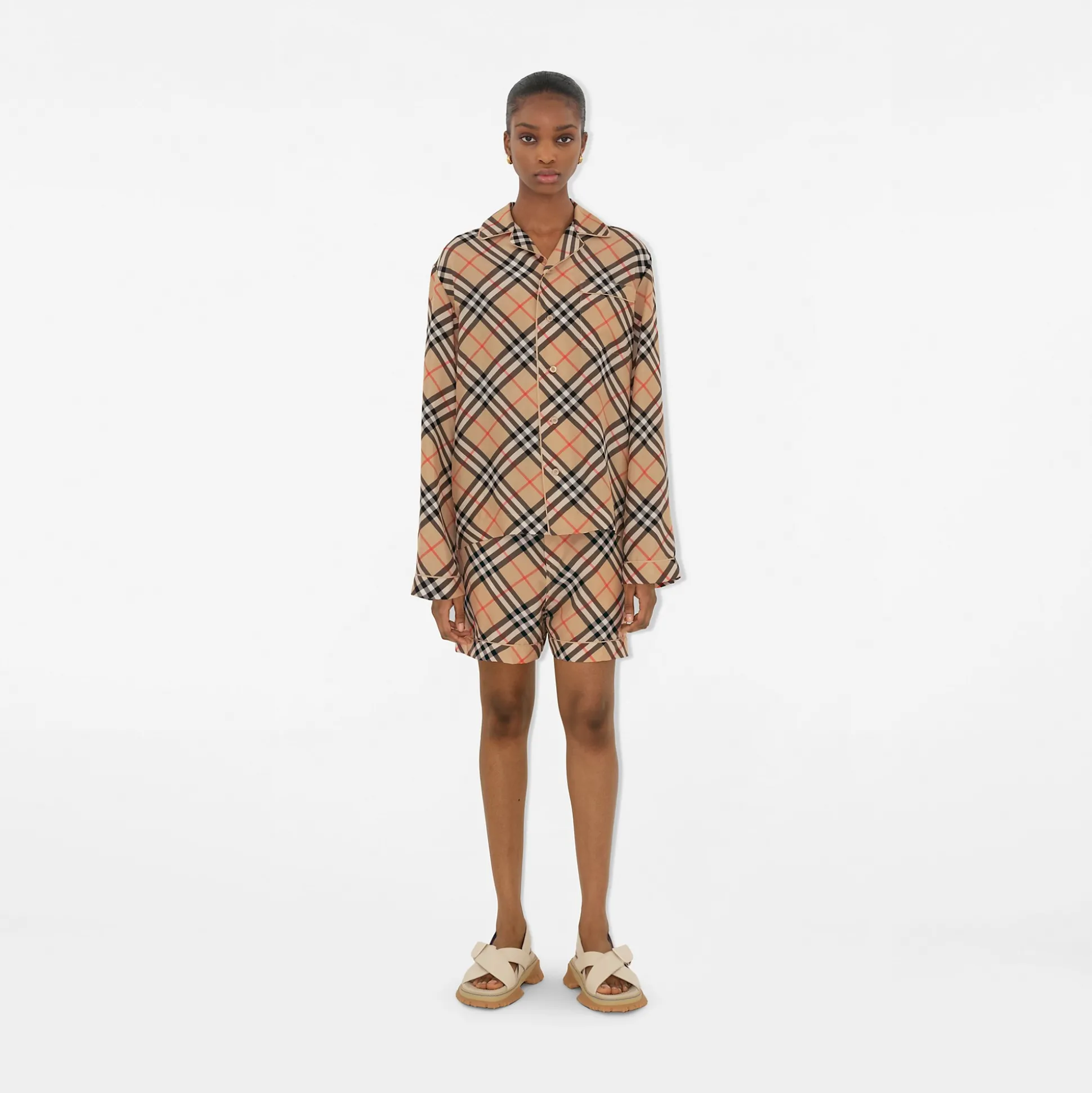 Sale Burberry Check Silk Pyjama Shirt Sand