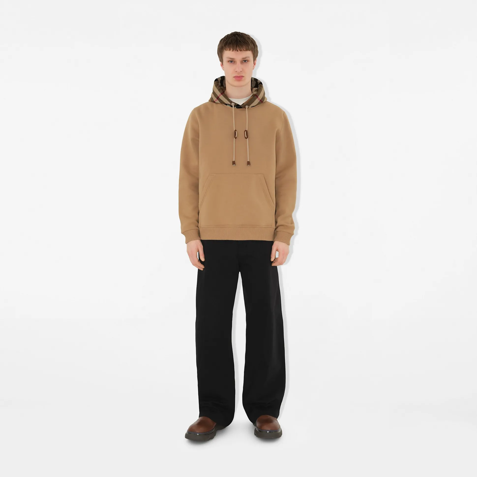 Cheap Burberry Check Trim Cotton Blend Hoodie Camel