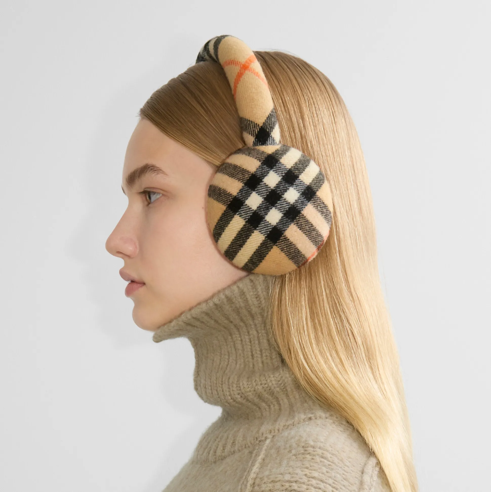 Online Burberry Check Wool Earmuffs Sand