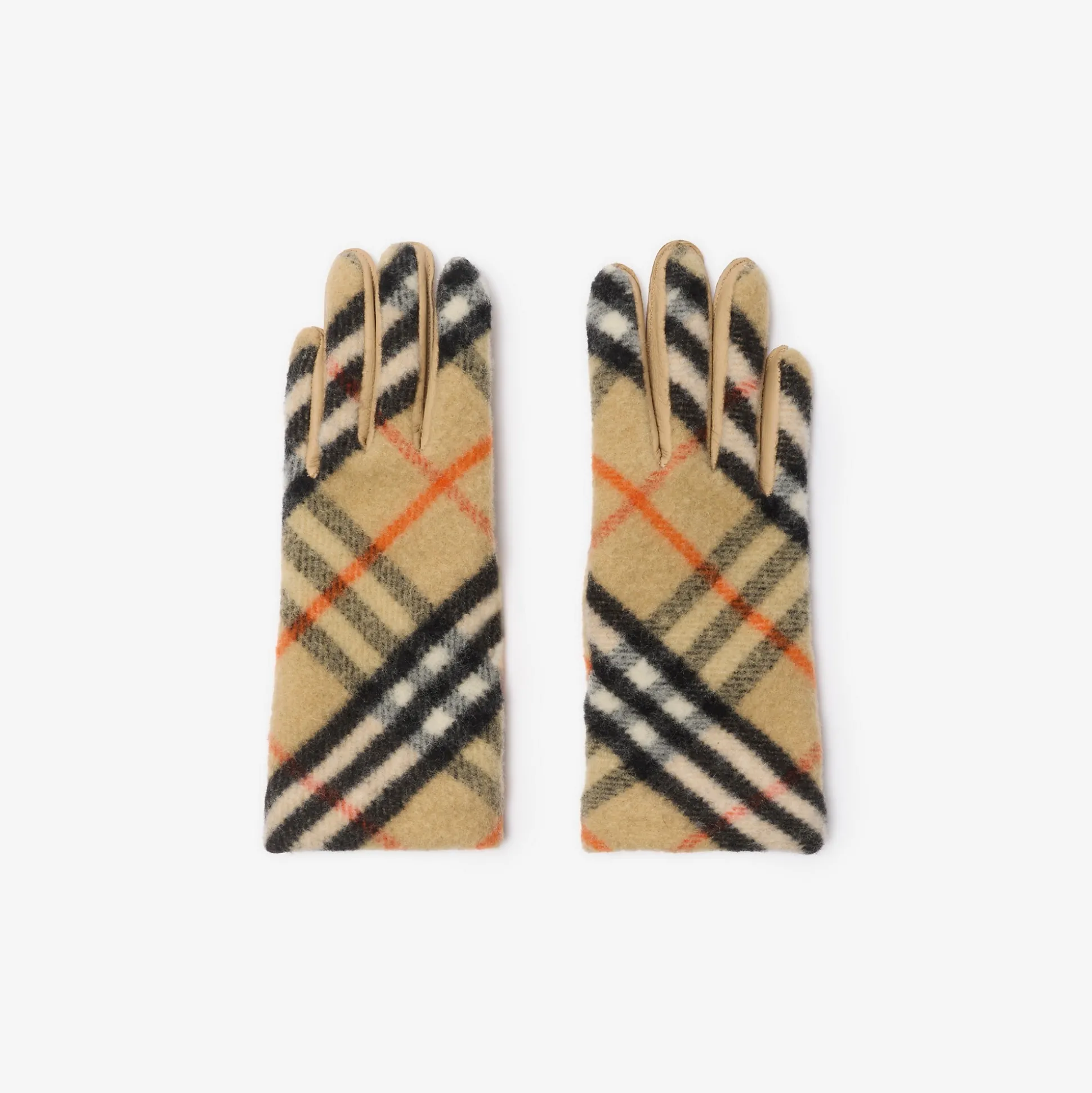 New Burberry Check Wool Gloves Sand