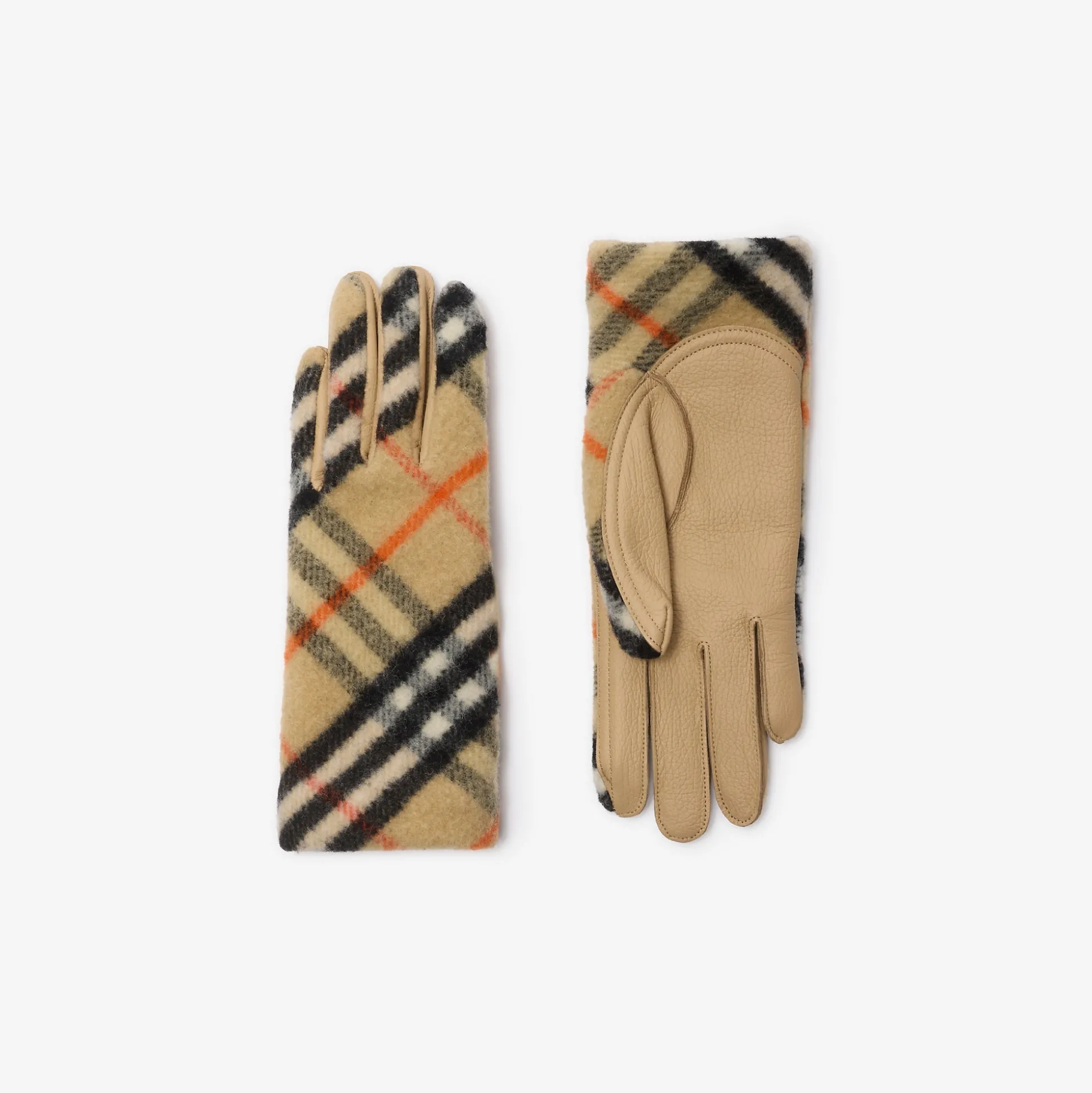 New Burberry Check Wool Gloves Sand