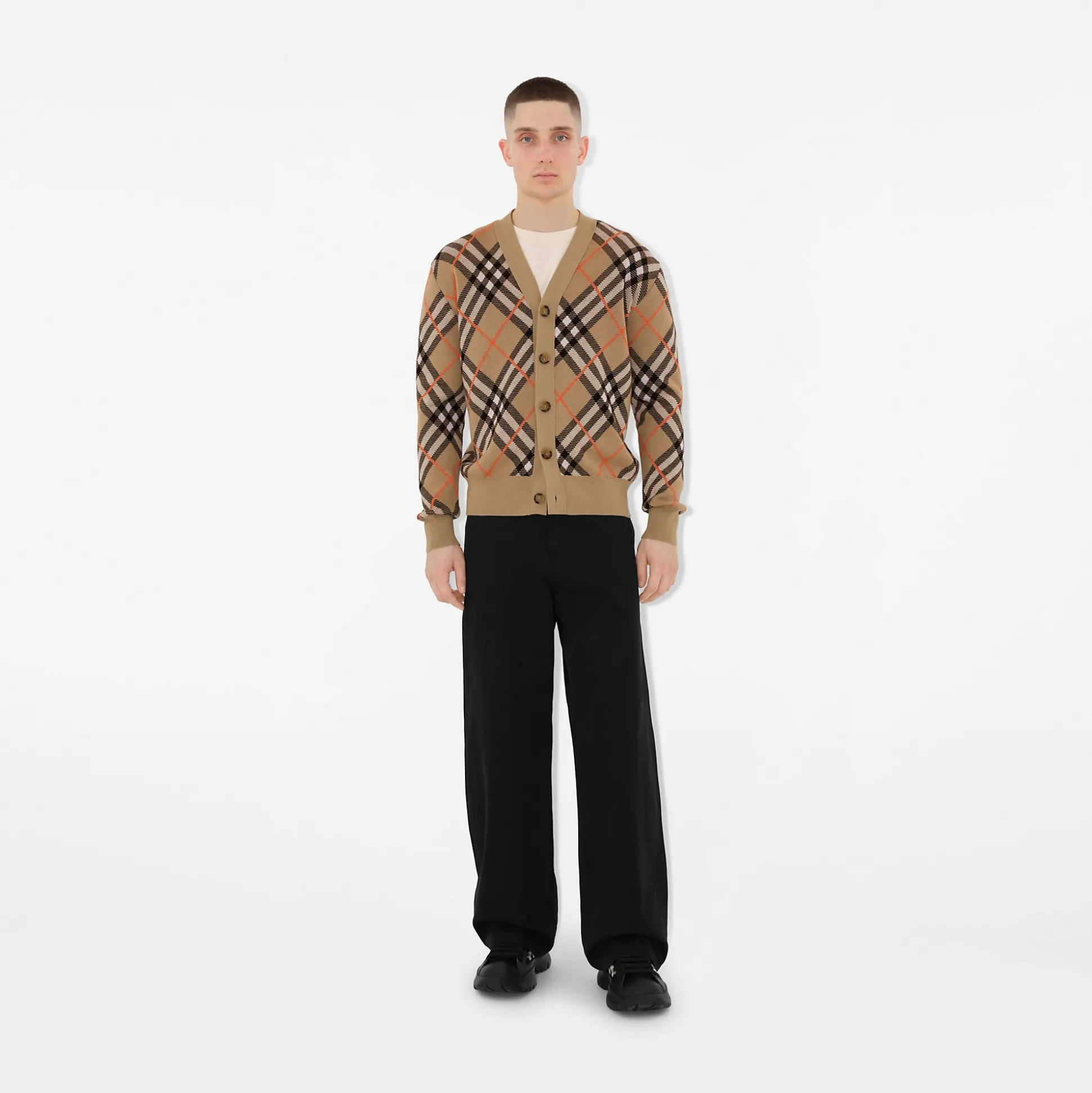 Outlet Burberry Check Wool Mohair Blend Cardigan Sand