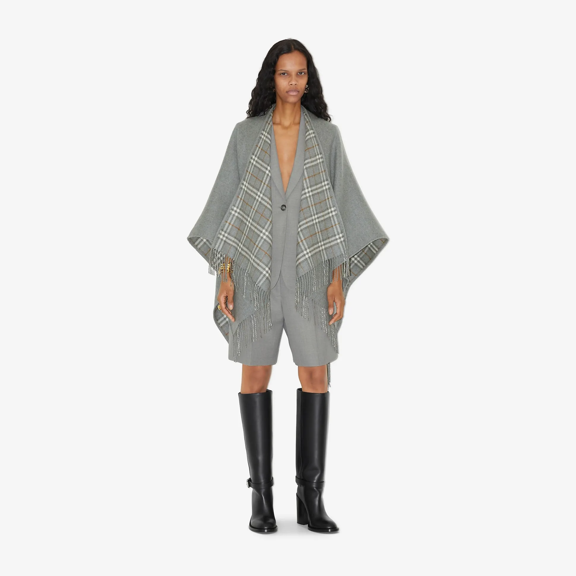 Clearance Burberry Check Wool Reversible Cape Grey