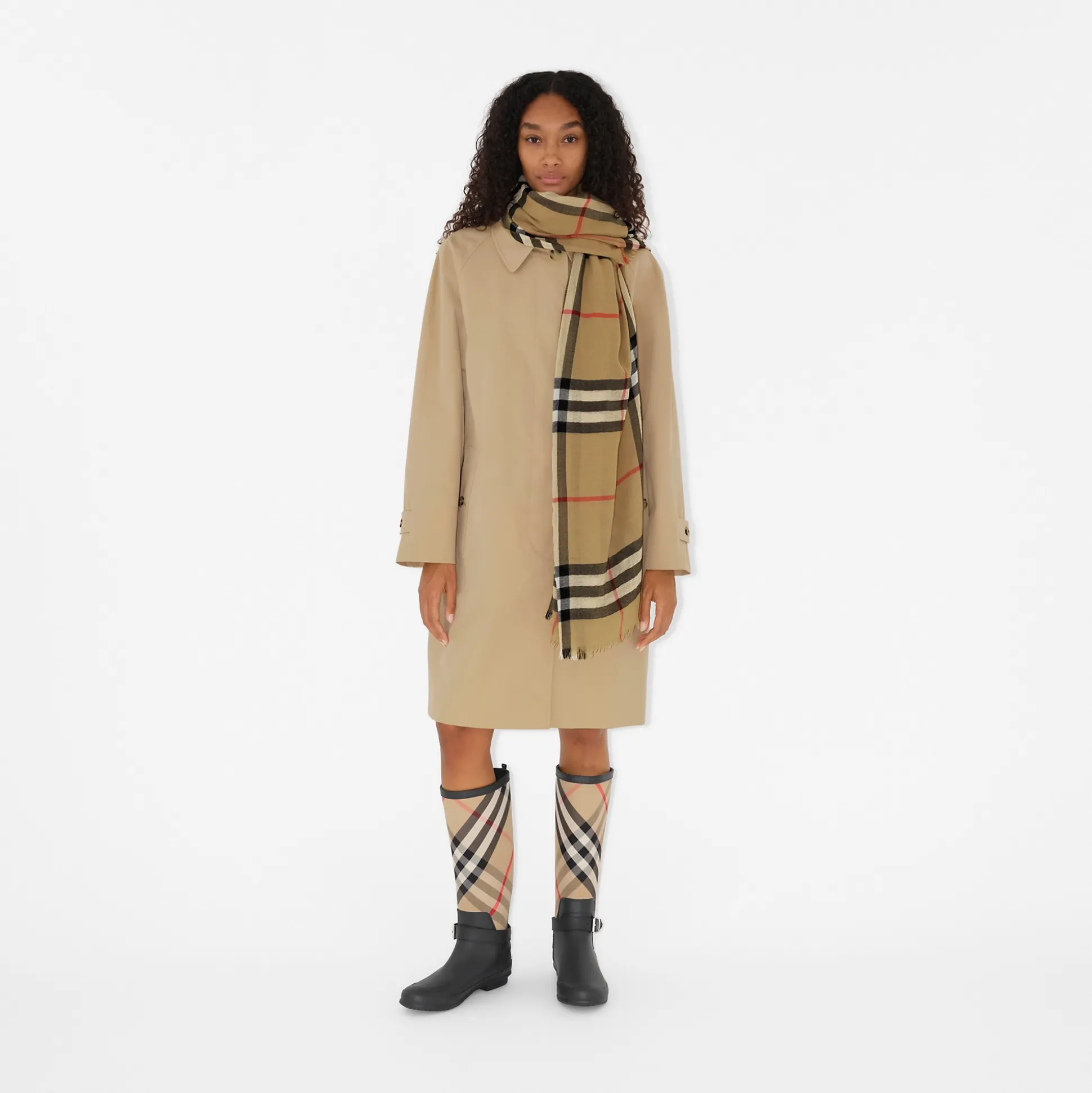 Shop Burberry Check Wool Scarf Archivebeige