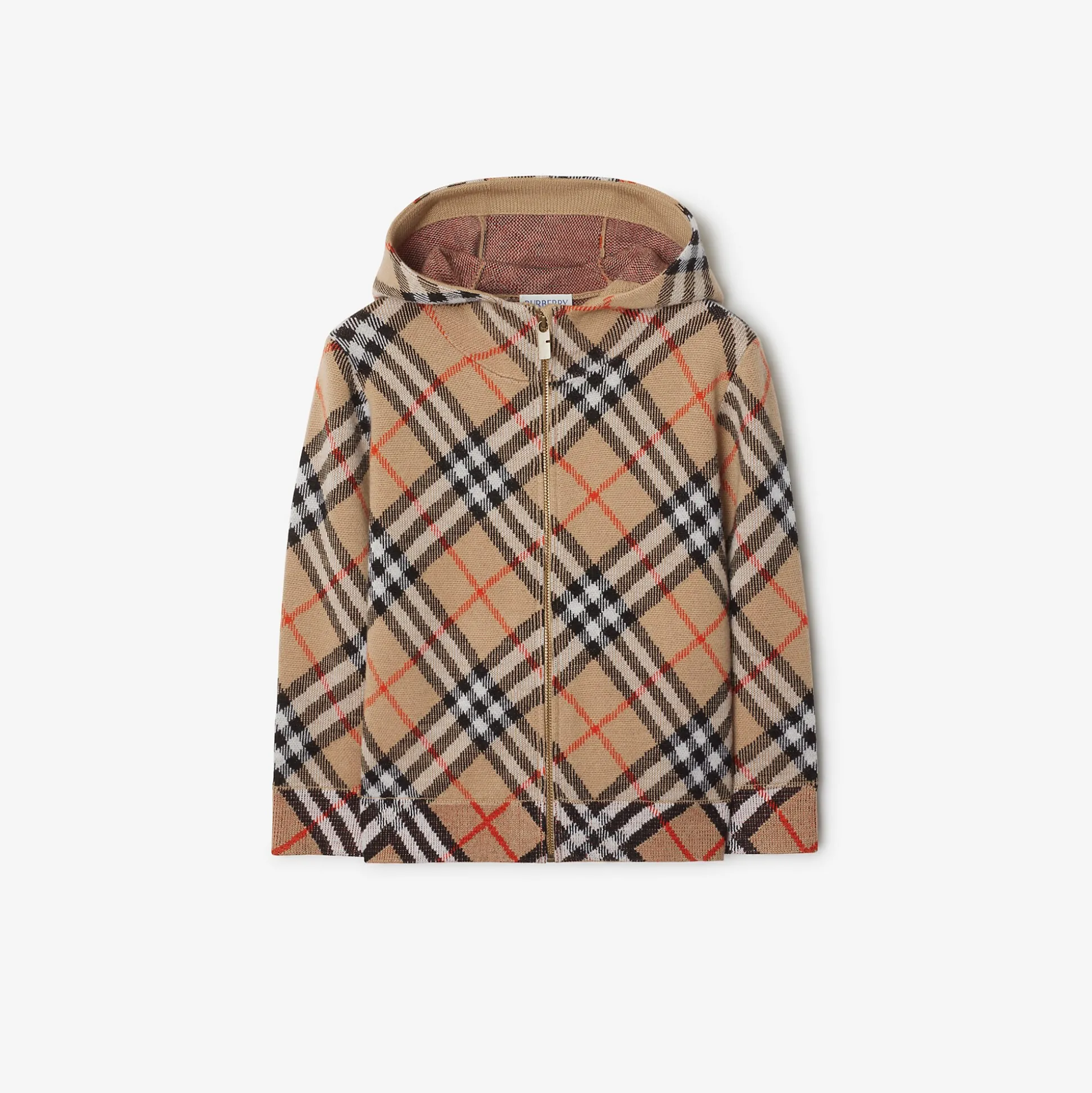 Sale Burberry Check Wool Zip Hoodie Sand