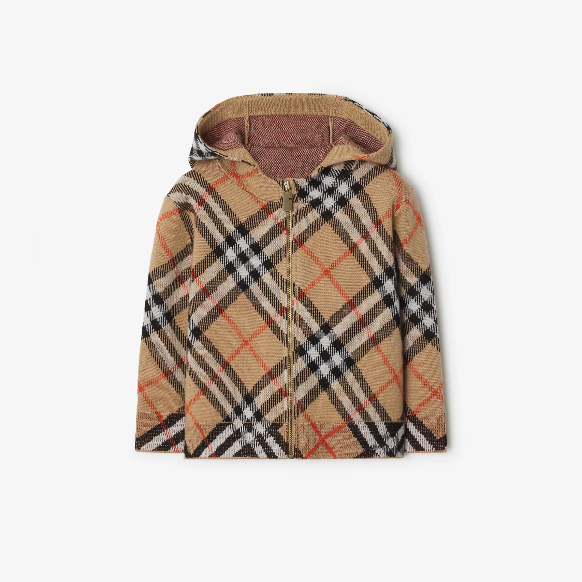 Outlet Burberry Check Wool Zip Hoodie Sand