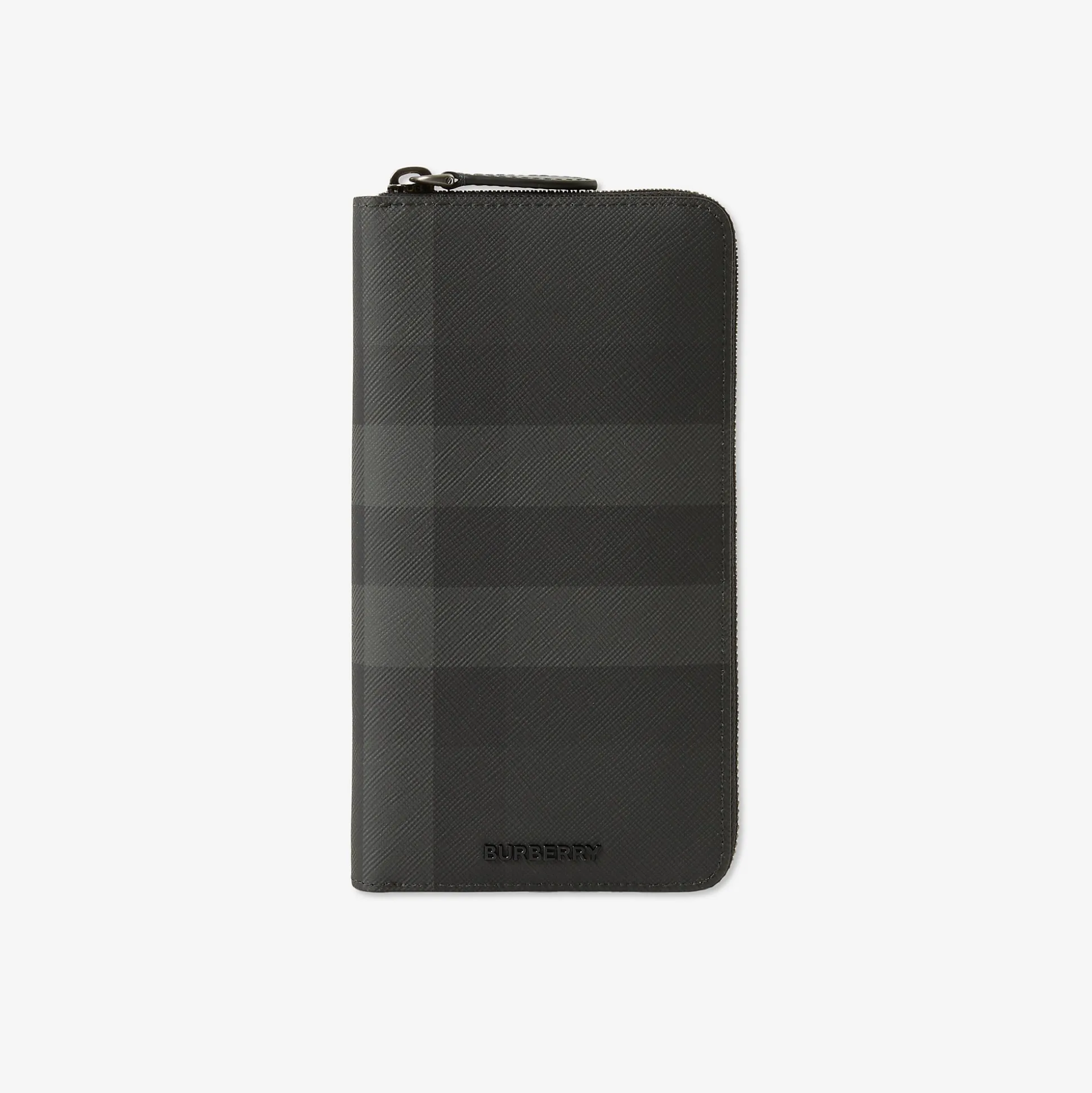 New Burberry Check Zip Wallet Charcoal