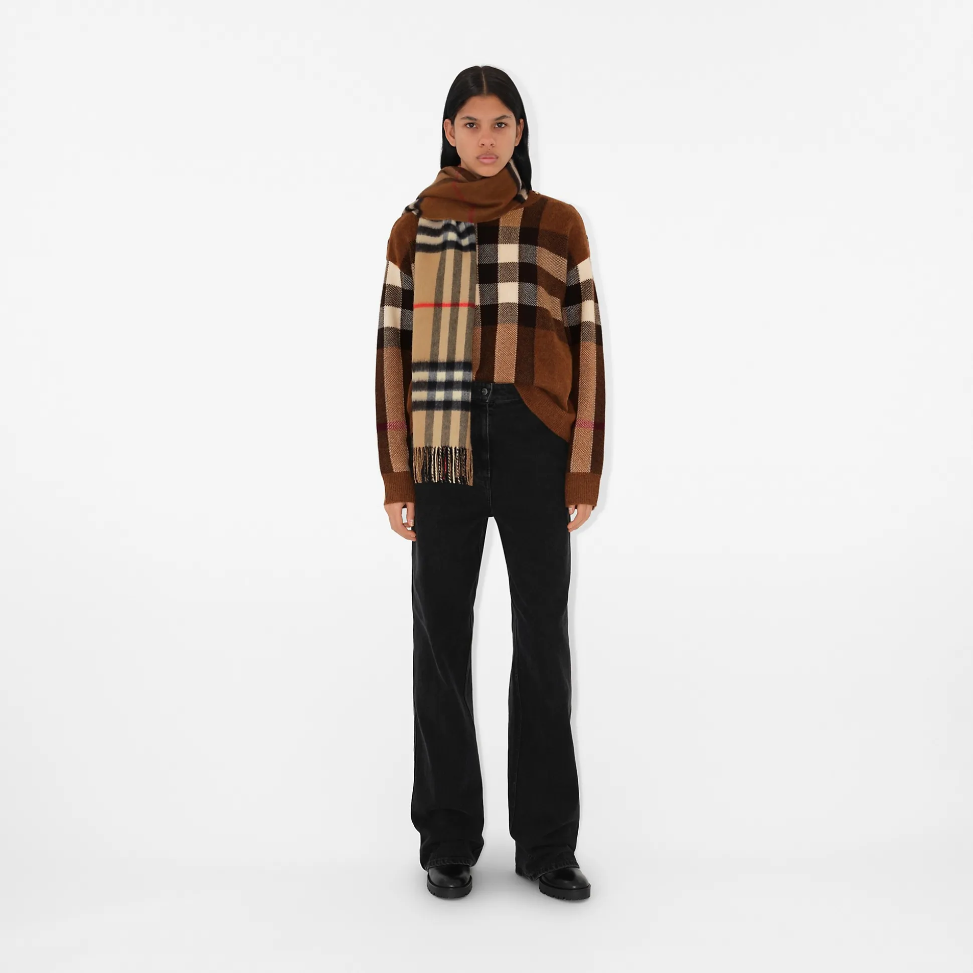 Sale Burberry Contrast Check Cashmere Scarf Archivebeige/birchbrown