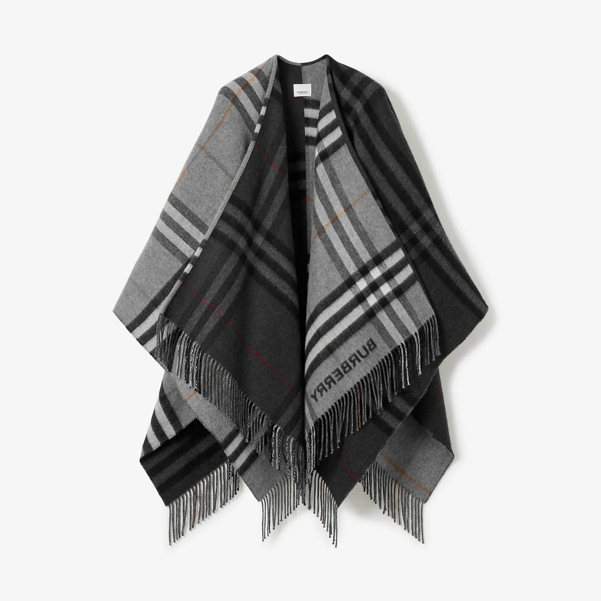 New Burberry Contrast Check Wool Cashmere Jacquard Cape Grey/charcoal