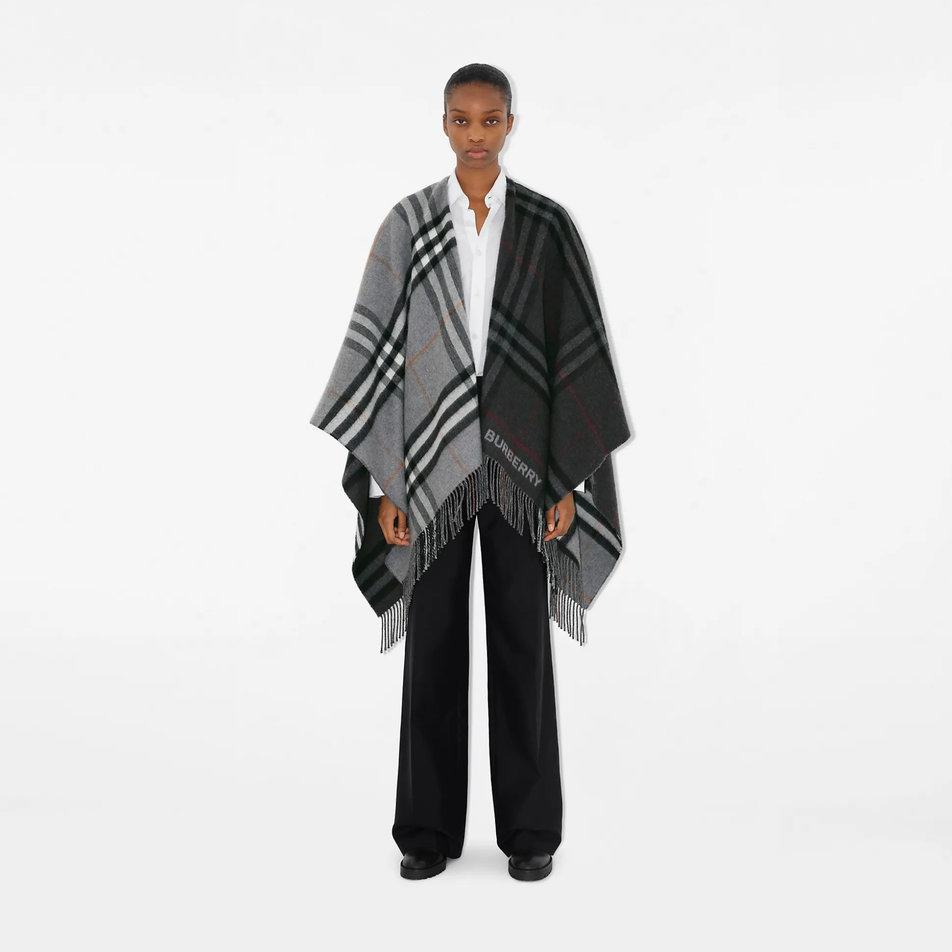 New Burberry Contrast Check Wool Cashmere Jacquard Cape Grey/charcoal