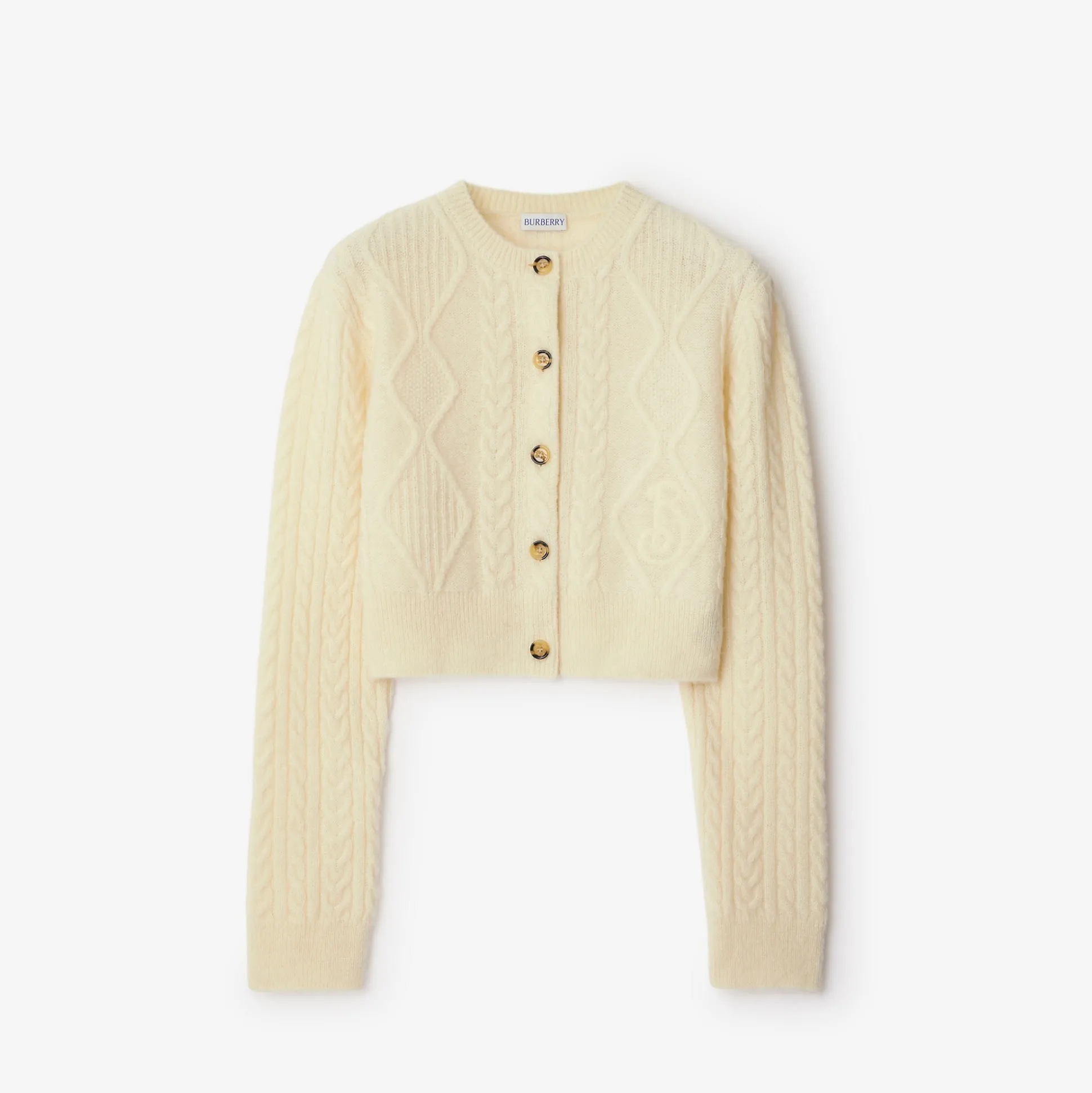 Shop Burberry Cropped Aran Wool Blend Cardigan Snow