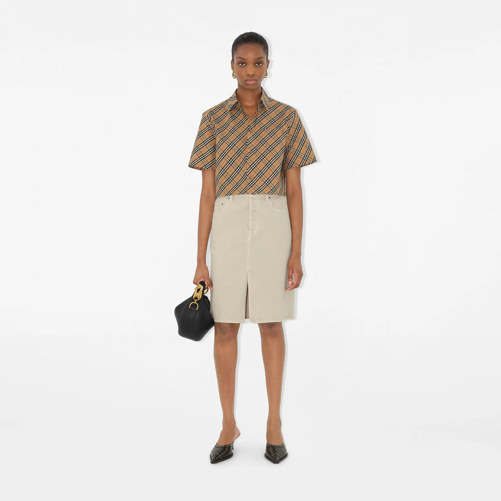 Clearance Burberry Cropped Check Cotton Shirt Sand