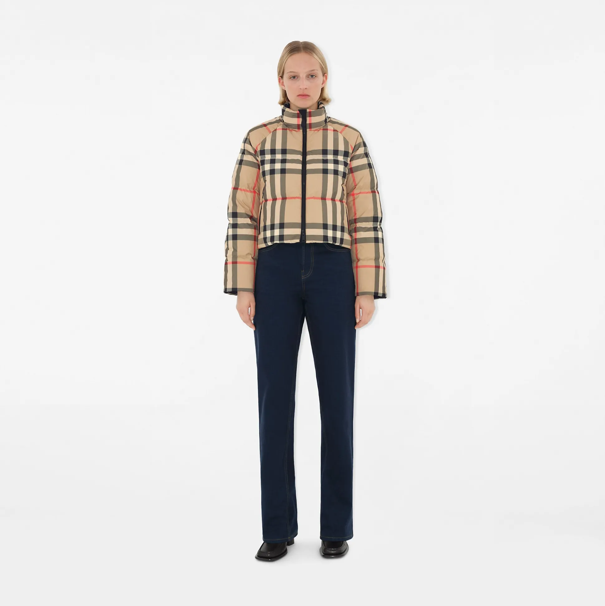 Outlet Burberry Cropped Check Puffer Jacket Archivebeige