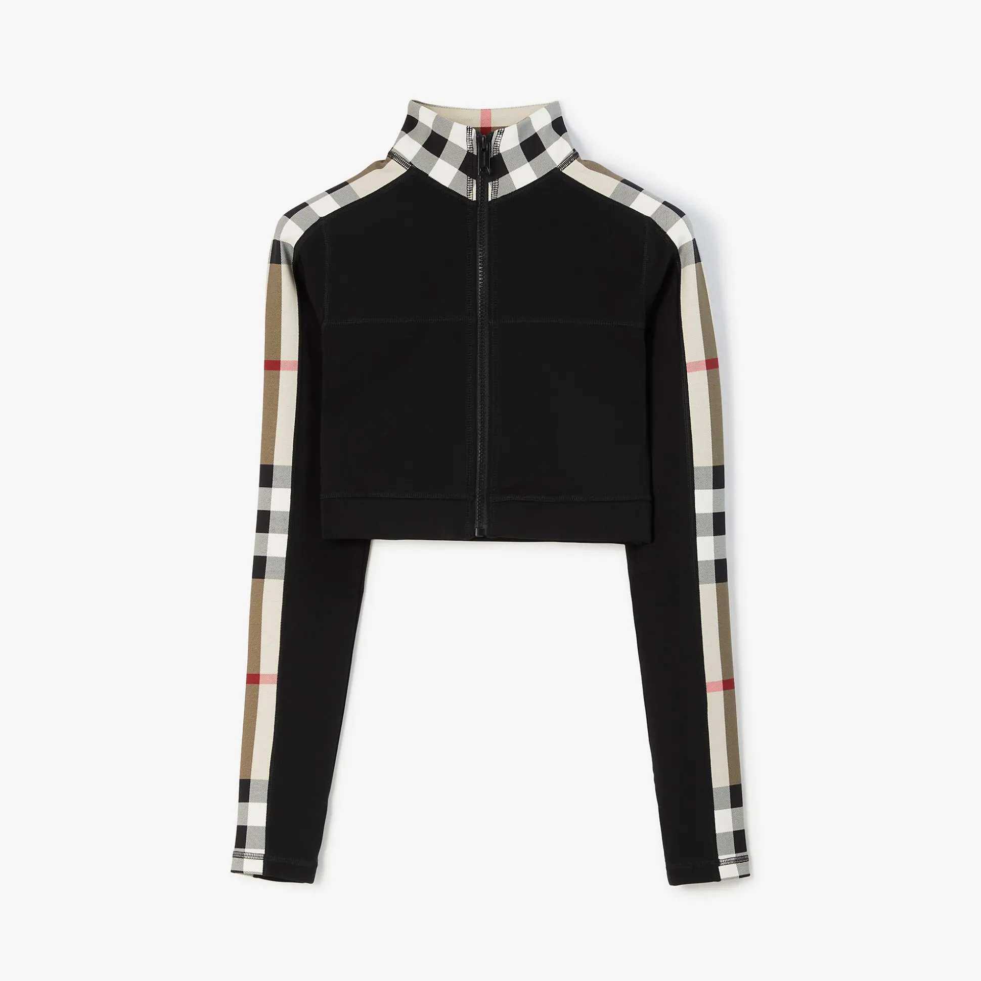 New Burberry Cropped Check Trim Stretch Jersey Zip Top Black