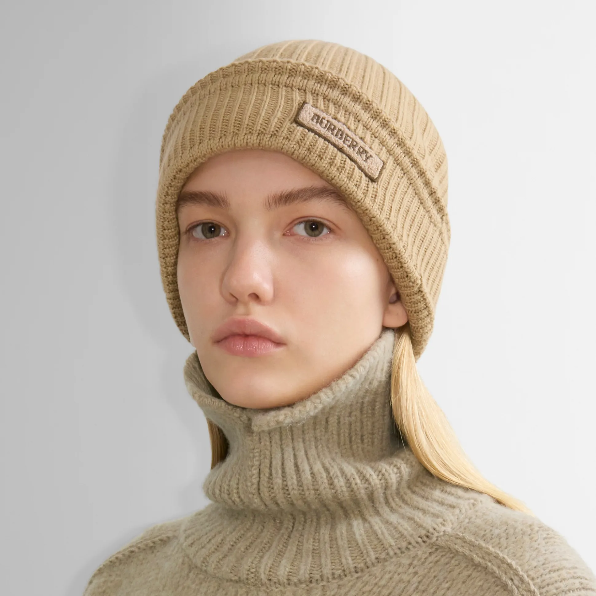 Hot Burberry Logo Wool Beanie Sand