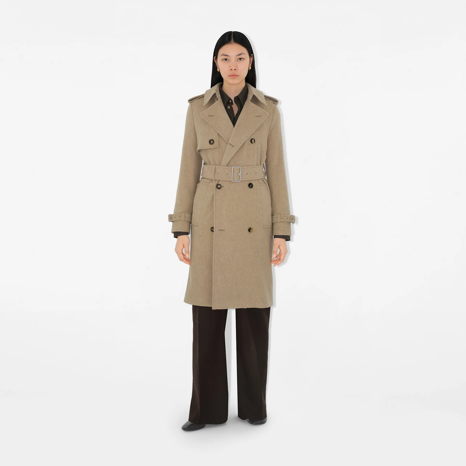 Online Burberry Long Cashmere Hillgate Trench Coat Flax