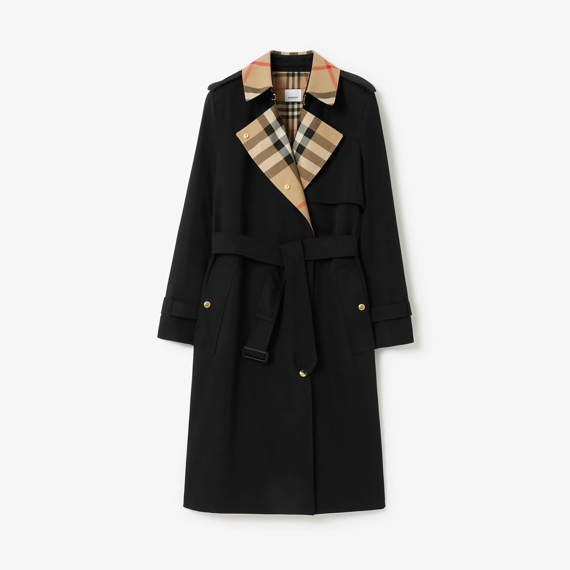 Fashion Burberry Long Check Collar Gabardine Trench Coat Black