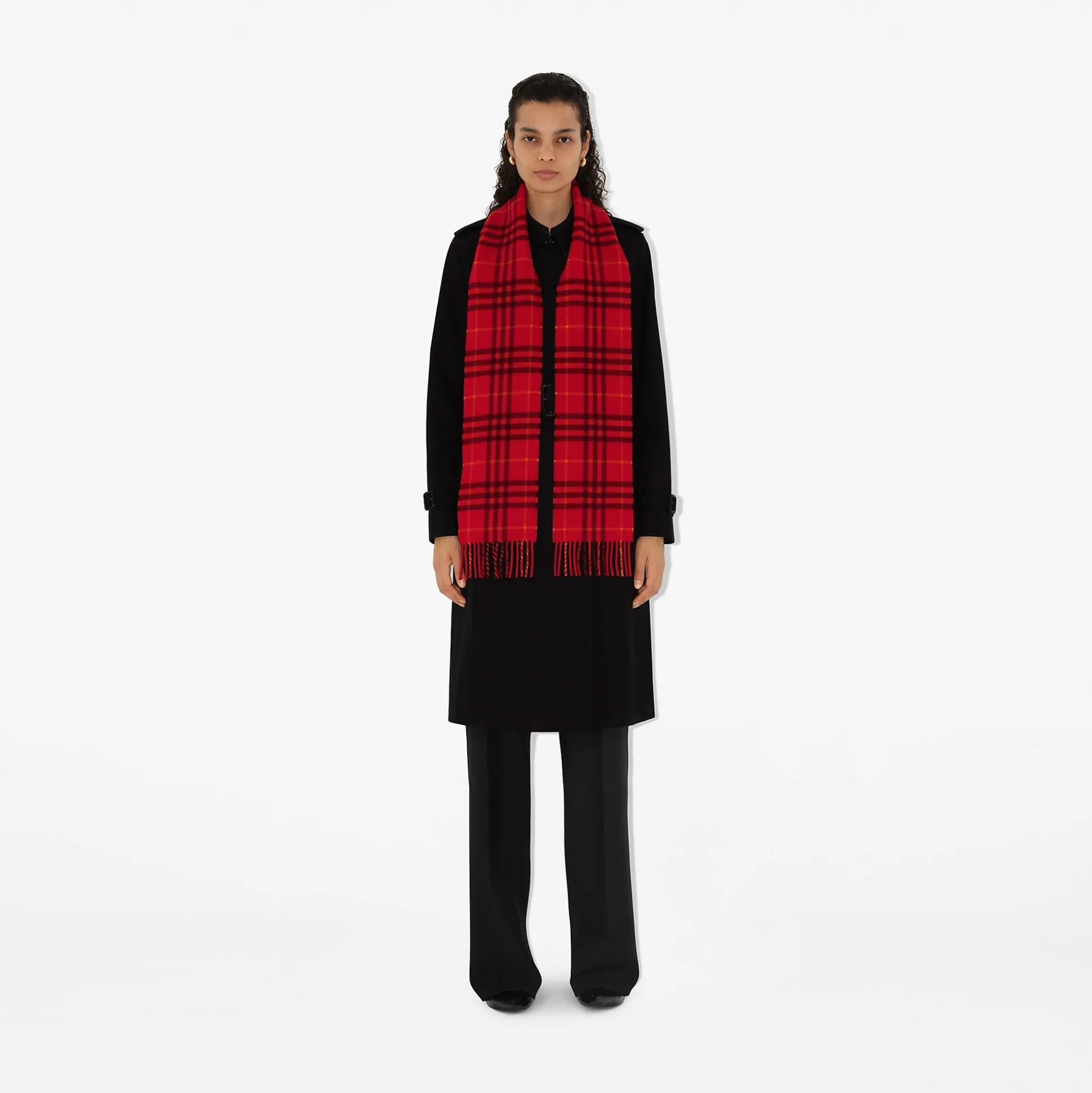 Shop Burberry Narrow Check Cashmere Scarf Currant