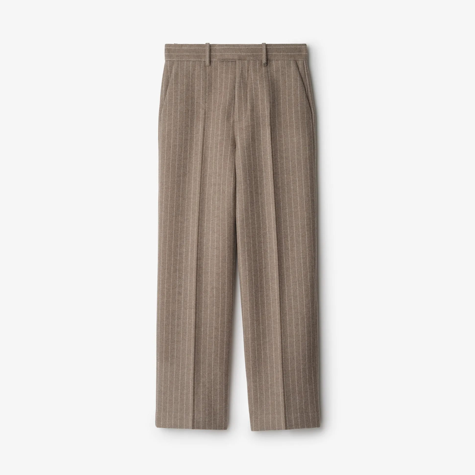 Discount Burberry Pinstriped Wool Blend Tailored Trousers Mink