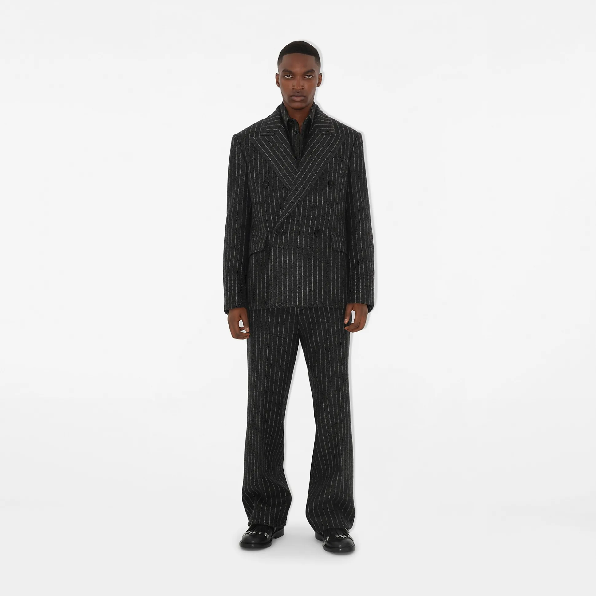 Cheap Burberry Pinstriped Wool Blend Tailored Trousers Black