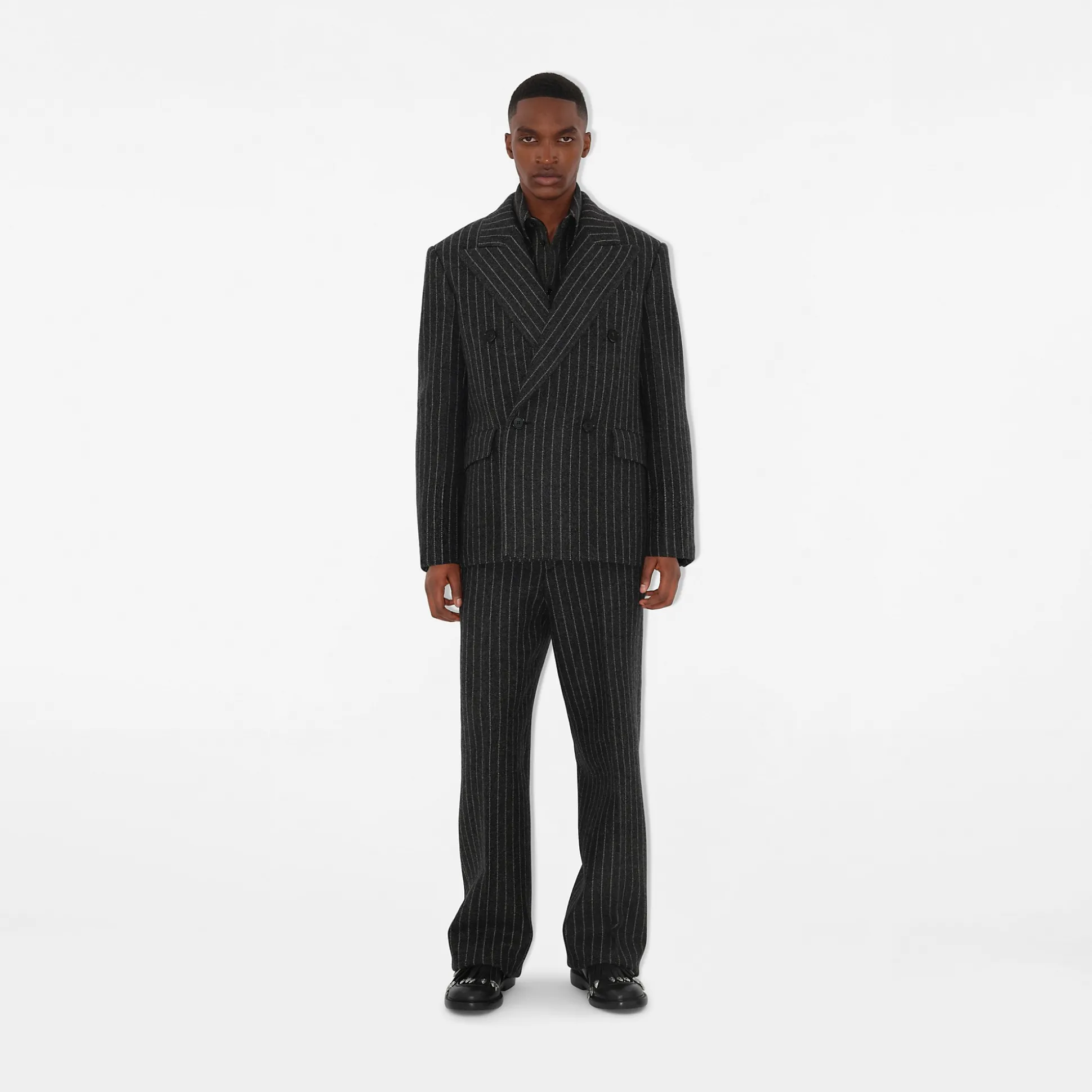 Sale Burberry Pinstriped Wool Tailored Jacket Black